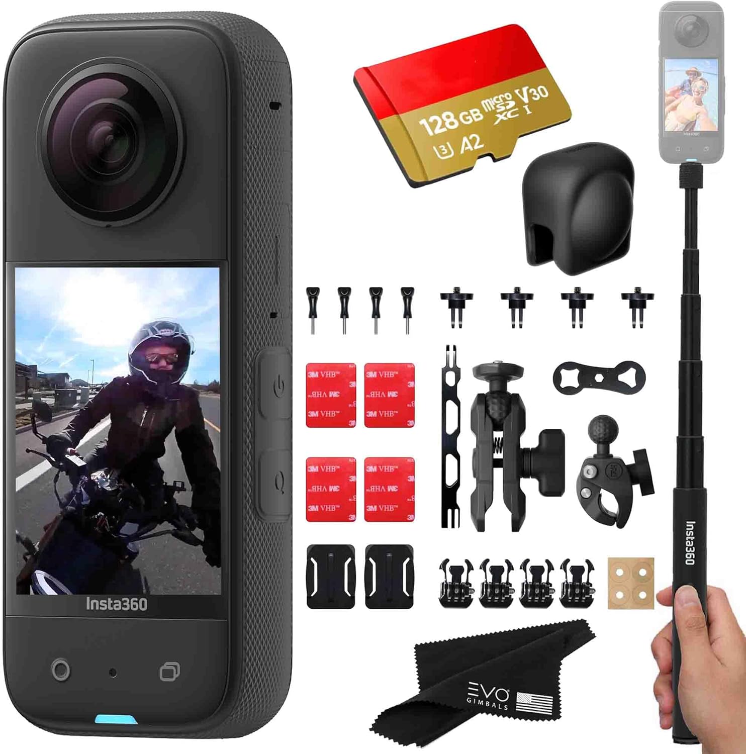 Insta360 X3 - Waterproof 360 Action Camera with 1/2'' 48MP Sensors, 5.7K HDR Video, 72MP Photo, 4K Single-Lens, 2.29'' Touchscreen|Includes Motorcycle Bundle, Selfie Stick, Lens Cap&128GB, Black
