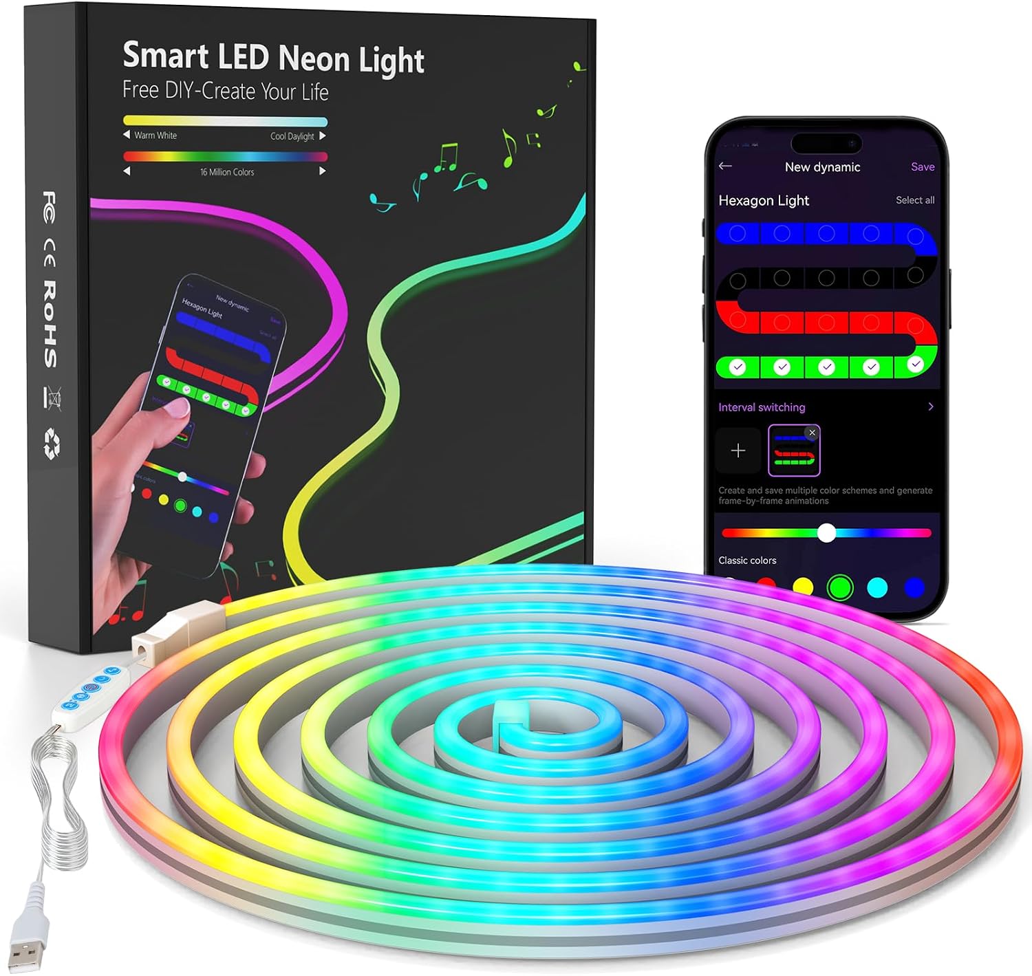 LED Neon Rope Lights – 9.8FT RGB Flexible Strip with APP Control, Music Sync, USB Powered 5V, DIY Design for Bedroom, Living Room, Gaming, Kitchen, Room Decor