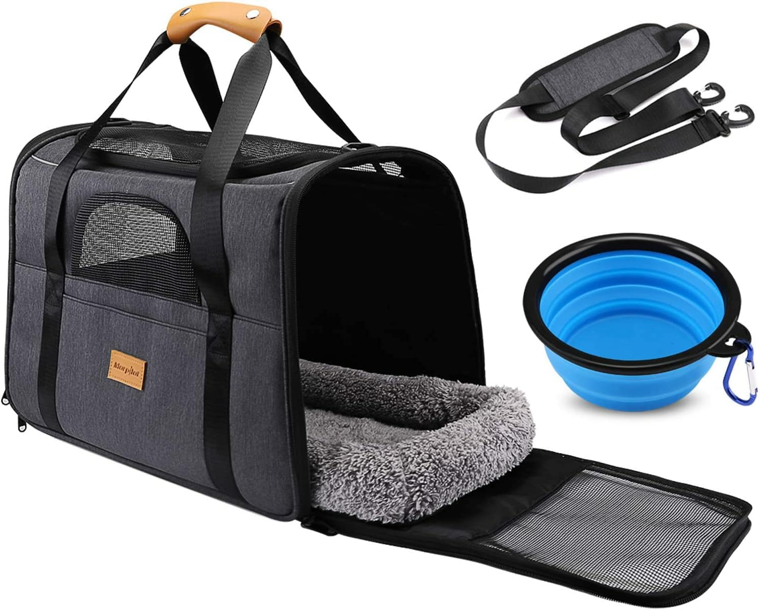 Morpilot Portable Pet Carrier Bag, Top Opening, Removable Mat and Breathable Mesh, Foldable Transport Carrier for Dogs and Cats, with Shoulder Strap and Pet Bowl, Grey