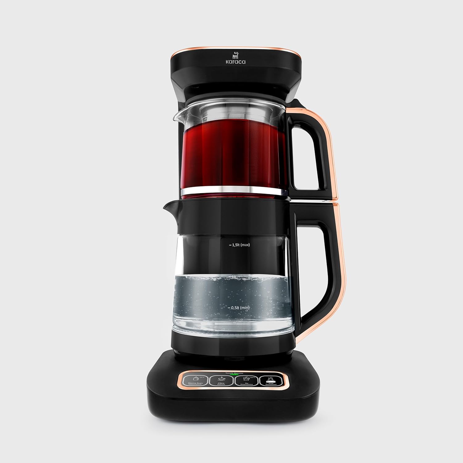 Karaca Caysever Robotea Pro 4 in 1 Talking Automatic Tea Maker, Kettle and Filter Coffee Maker, 2500W Multi-Functional Tea Machine Set, Turkish Electric Tea Maker, Black Copper