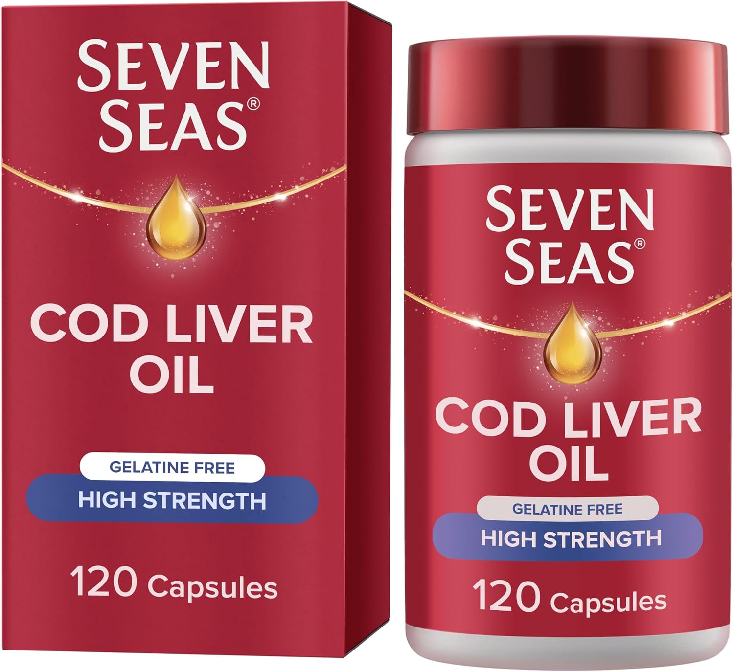 Seven Seas Cod Liver Oil High Strength Gelatine Free Omega-3 Fish Oil and Vitamin D, 120 Capsules