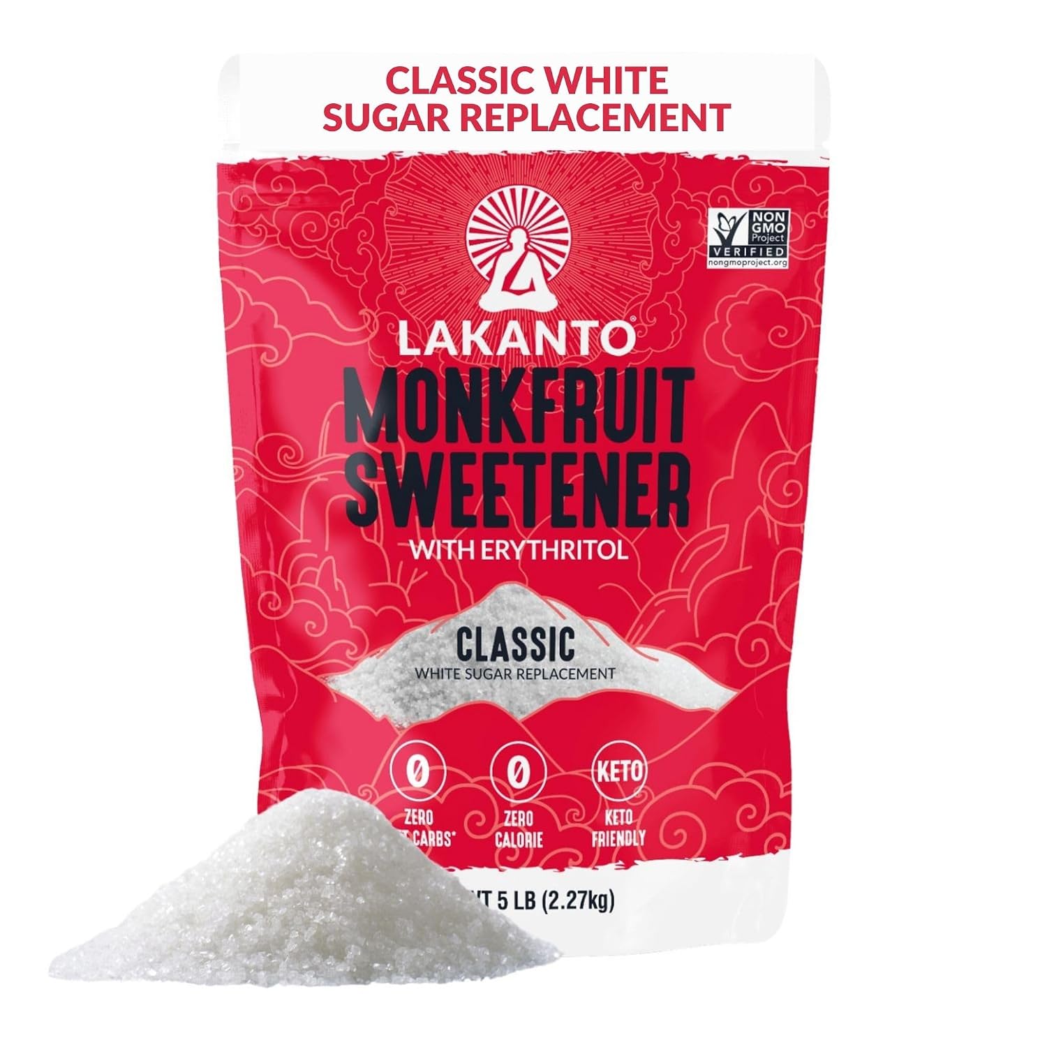 Lakanto Monk Fruit Sweetener with Erythritol, Classic White, 5 LB | White Sugar Substitute from Monk Fruit Extract, Sugar Replacement for Baking, Coffee & Tea, Gluten Free, Non GMO