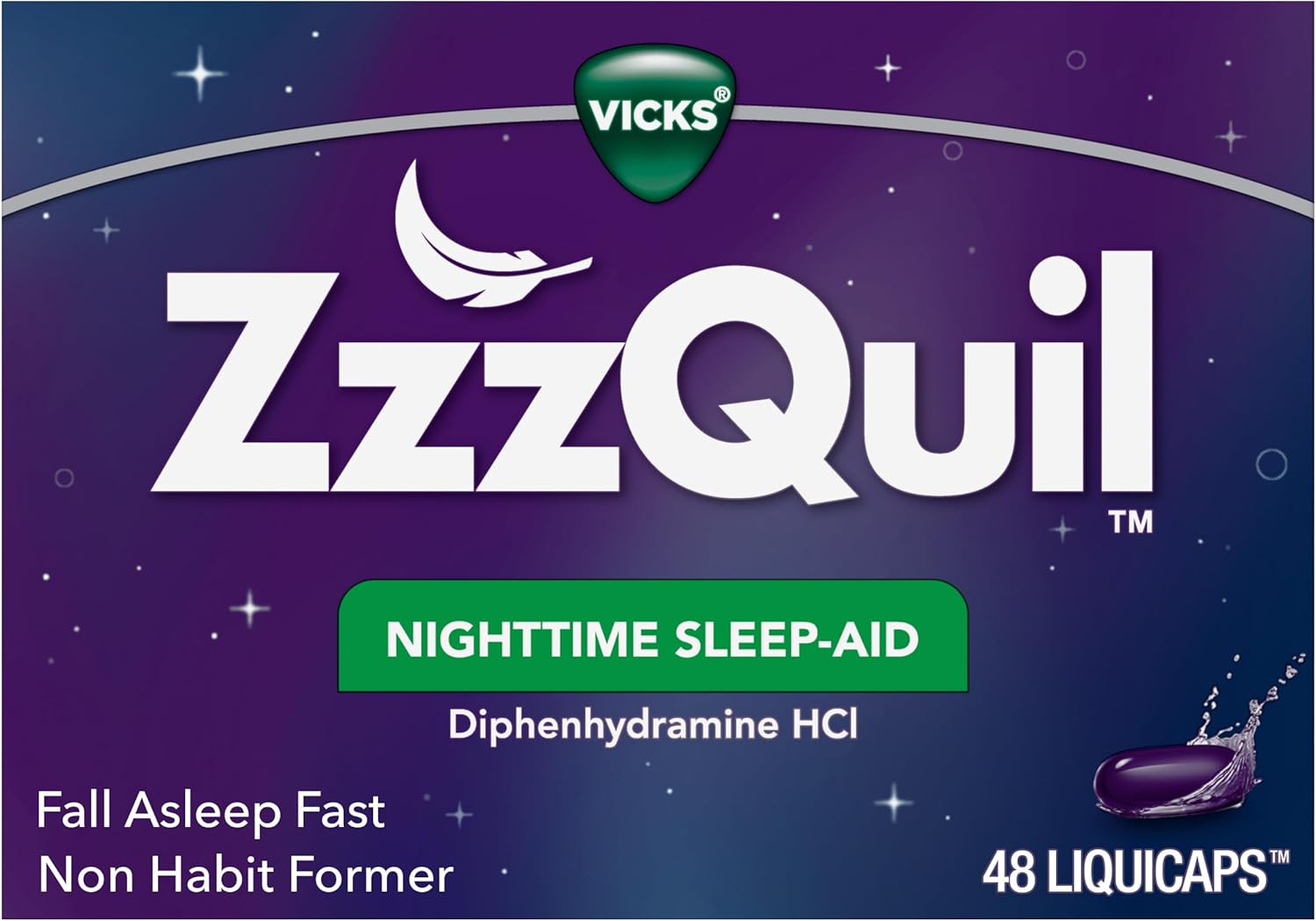 ZzzQuil, Nighttime Sleep Aid LiquiCaps, 25 mg Diphenhydramine HCl, No.1 Sleep-Aid Brand, Non-Habit Forming, Fall Asleep Fast, 48 Count