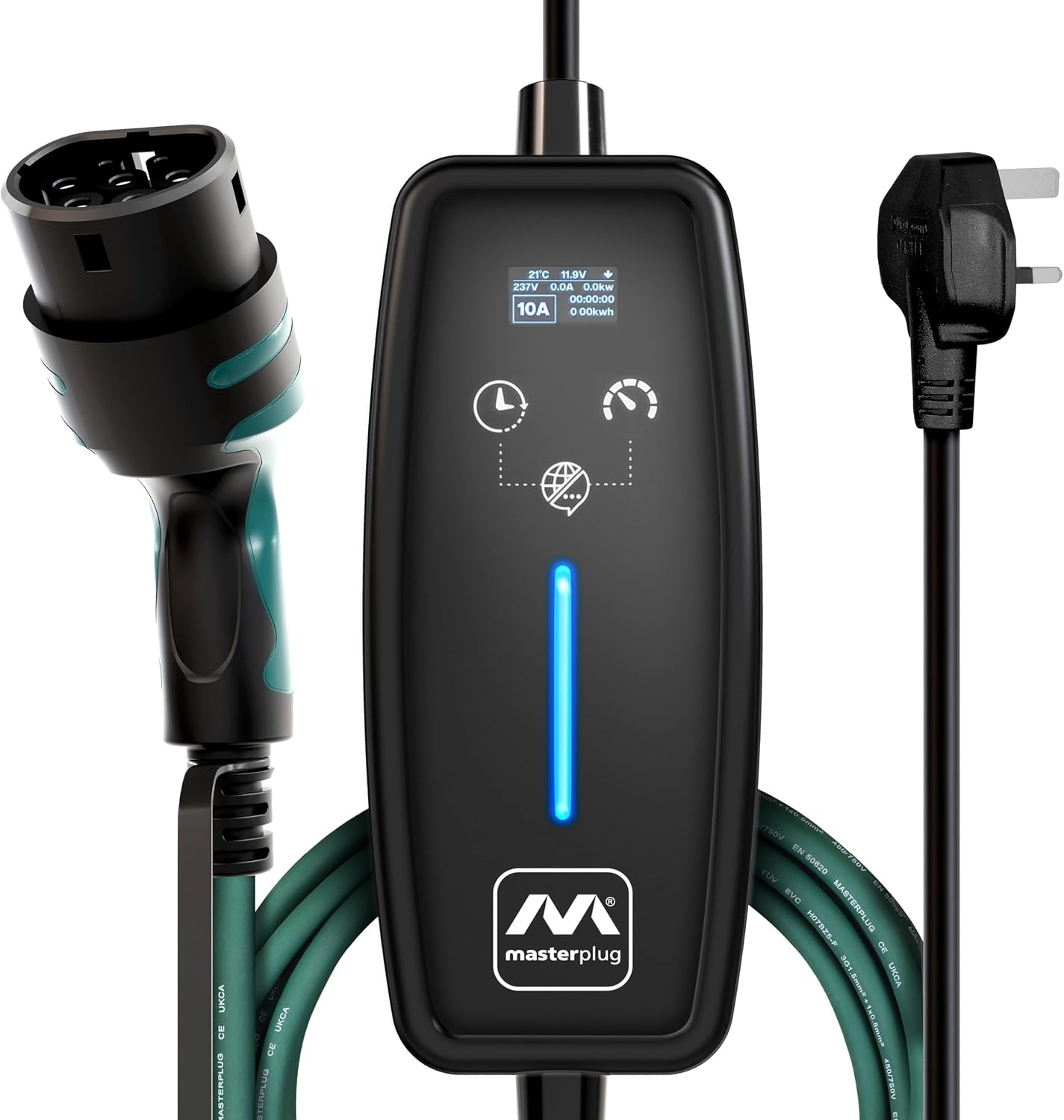 Masterplug EV Charging Cable for Electric and Hybrid Vehicles, 15 Metres, Mode 2, 3 Pin UK Plug to Type 2 Car Charger, 2.4kW, EVCM221015-MP