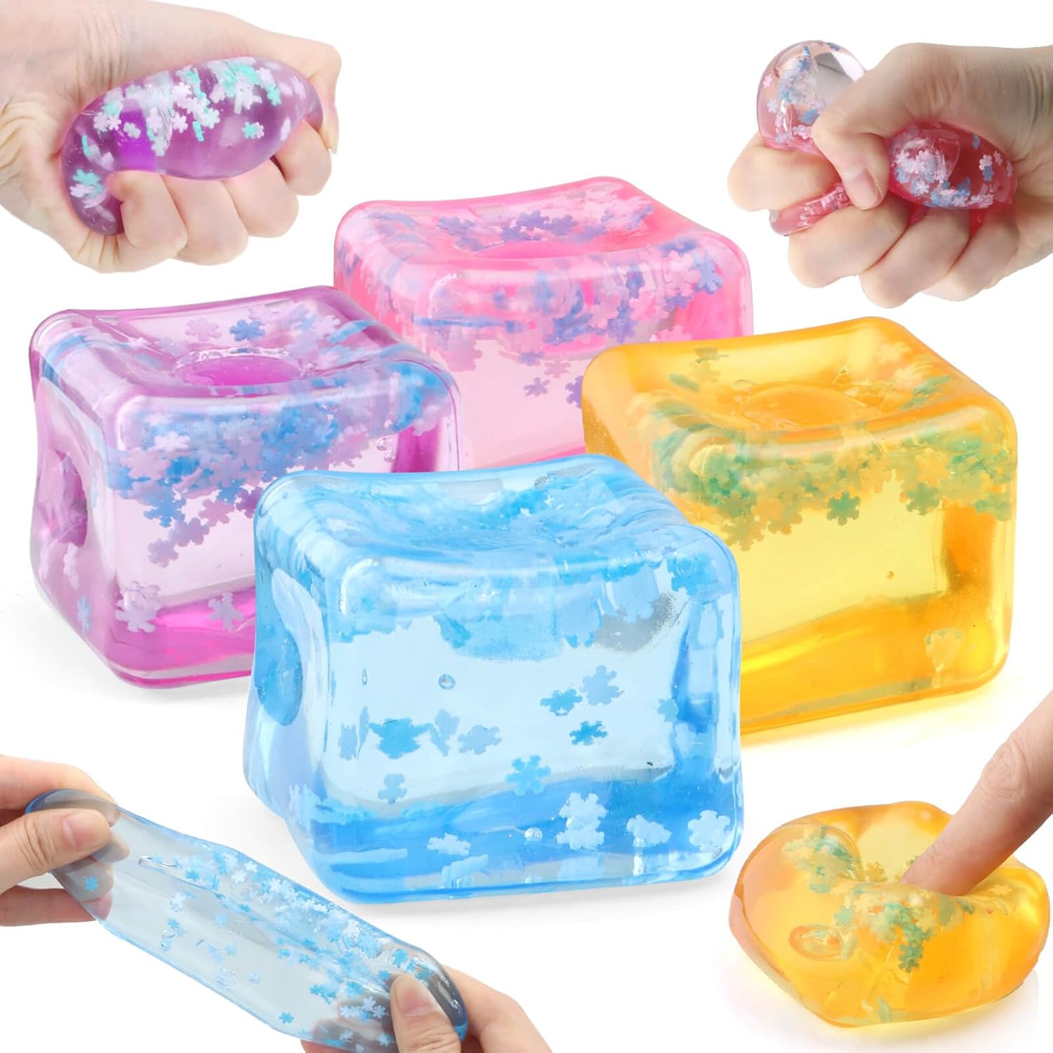 Chridark Ice Cube Fidget Toys for Adults Kids: 4 Pcs Sensory Squishy Fidget Toys Square Stress Balls Gifts for All Ages Adults Kids Teens Presents Anxiety Relief Stress Cube Classroom Prizes Office