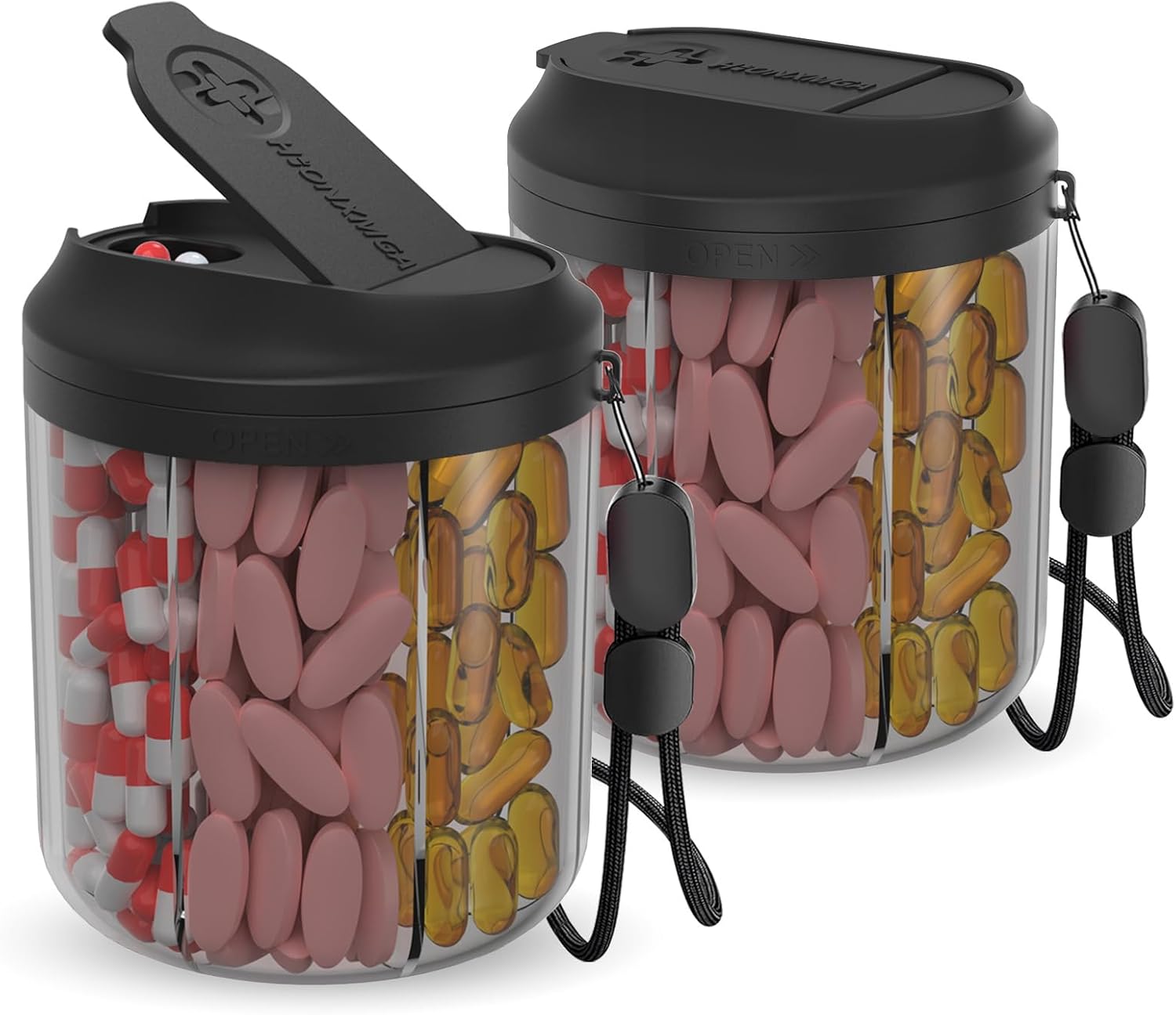 Pill Dispenser with 7 Large Compartments, Pill Bottle Organizer for Travel, Supplement Organizer with Anti-Mixing Design, BPA-Free Pill Container with 20 Pcs Labels, Black 2pcs