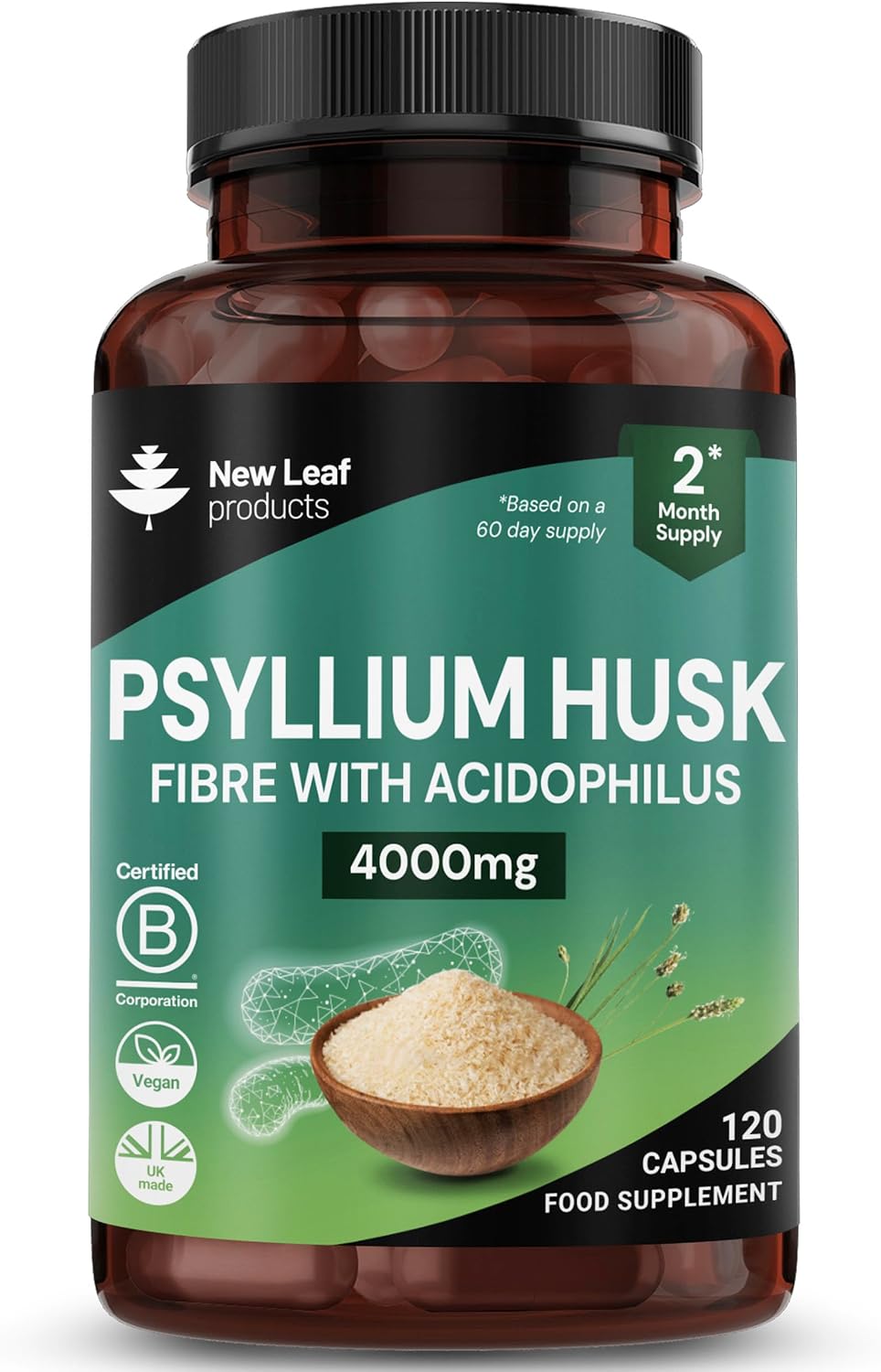 Fibre Supplement 4000mg Psyllium Husk with Acidophilus - High Strength - Natural Soluble Fiber Supplement from Plantago Ovata Seeds, 120 Psyllium Husks Capsules Vegan, UK Made by New Leaf