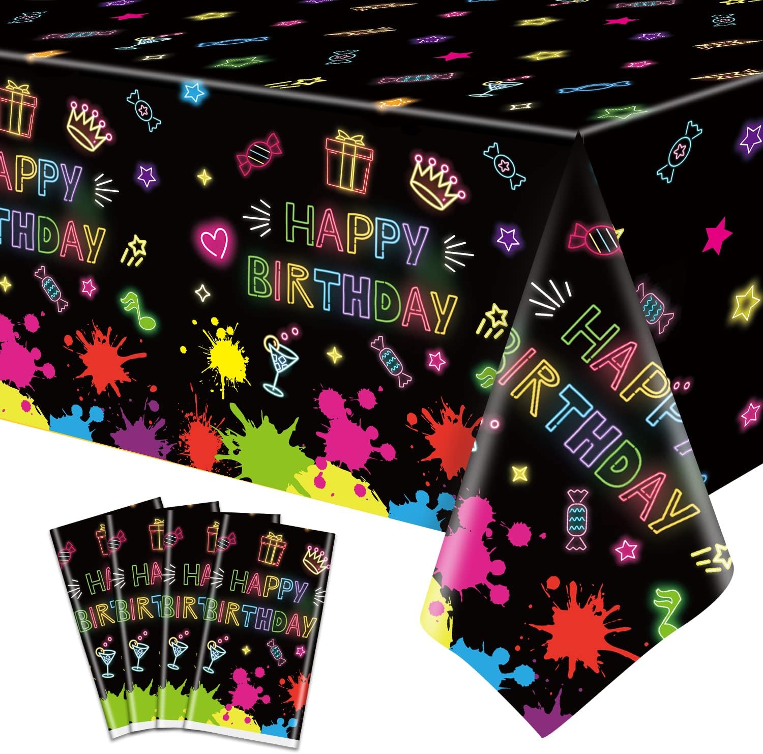 4 Pack Glow Party Table Covers Neon Tablecloths Disposable Plastic Neon Glow Table Cloth Black Light Tablecloth Neon Party Decorations Glow in The Dark Party Supplies Blacklight Decor 86 x 51 Inch