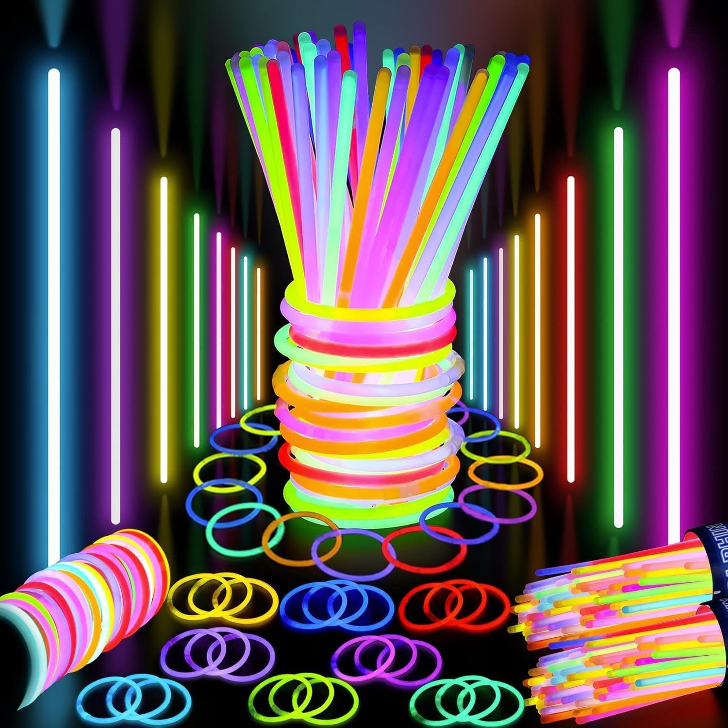 Premium Party Glow Sticks for Kids- 100 Pcs Glow in the Dark Sticks with Connectors- 8 inch Glow Sticks Bulk Pack- Glow Neon Bracelets- Ultra Bright Party Supplies- Halloween Party - 100 Pack