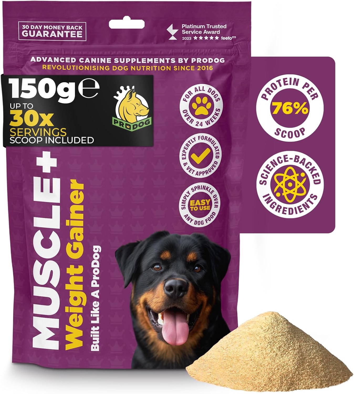 ProDog Muscle+ Dog Weight Gainer - Advanced Nutrition 76% Protein Per Scoop & Omega 3,6,9 - Supplement for Muscle Growth & Recovery, Underweight, Malnourished Dogs (30 Servings)