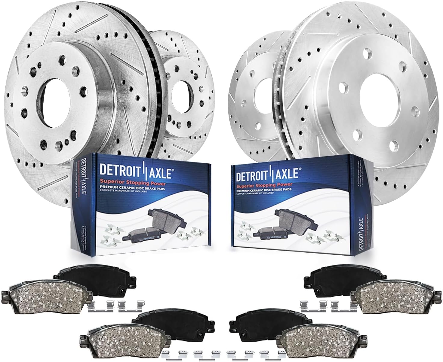 Detroit Axle - Brake Kit for Chevy GMC Silverado Sierra 1500 Suburban Yukon XL Avalanche Tahoe Cadillac Escalade ESV EXT Drilled & Slotted Brake Rotors Ceramic Brakes Pads Front and Rear Replacement