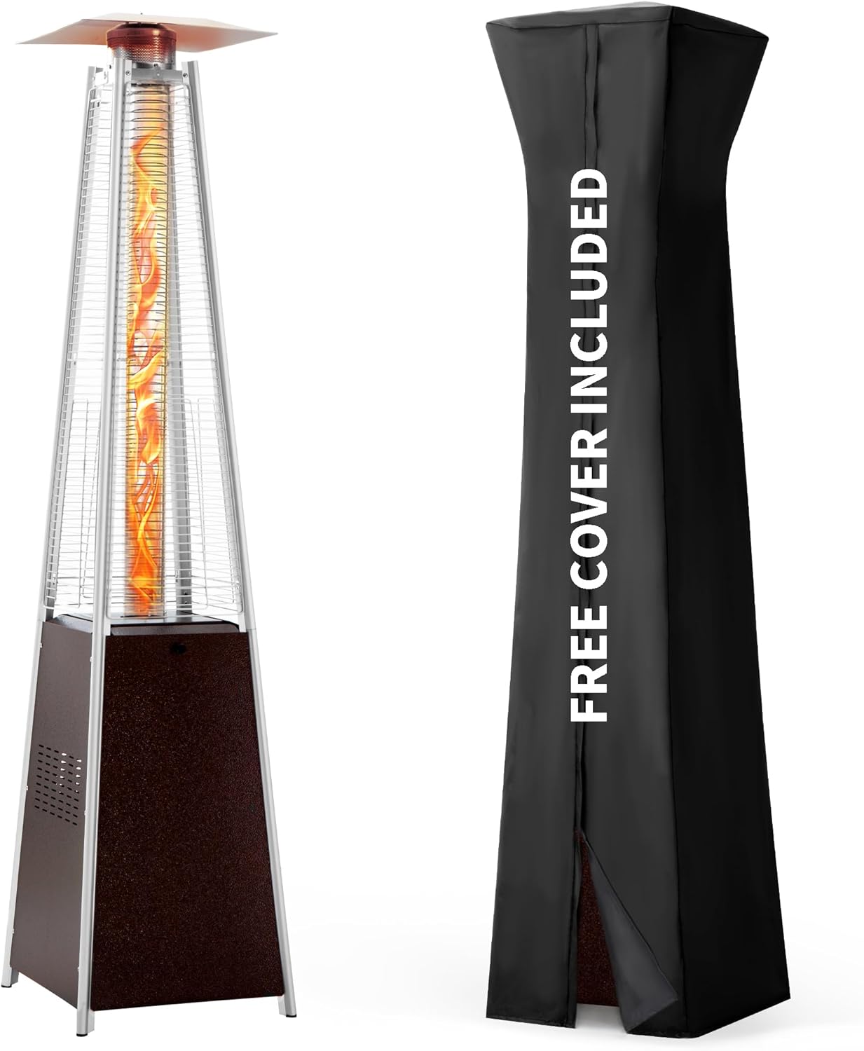 Pamapic Patio Heater, 48,000 BTU Pyramid Flame Outdoor Heater with Cover, Quartz Glass Tube, 87" Hammered Bronze Tower Propane Outdoor Heater with Wheels