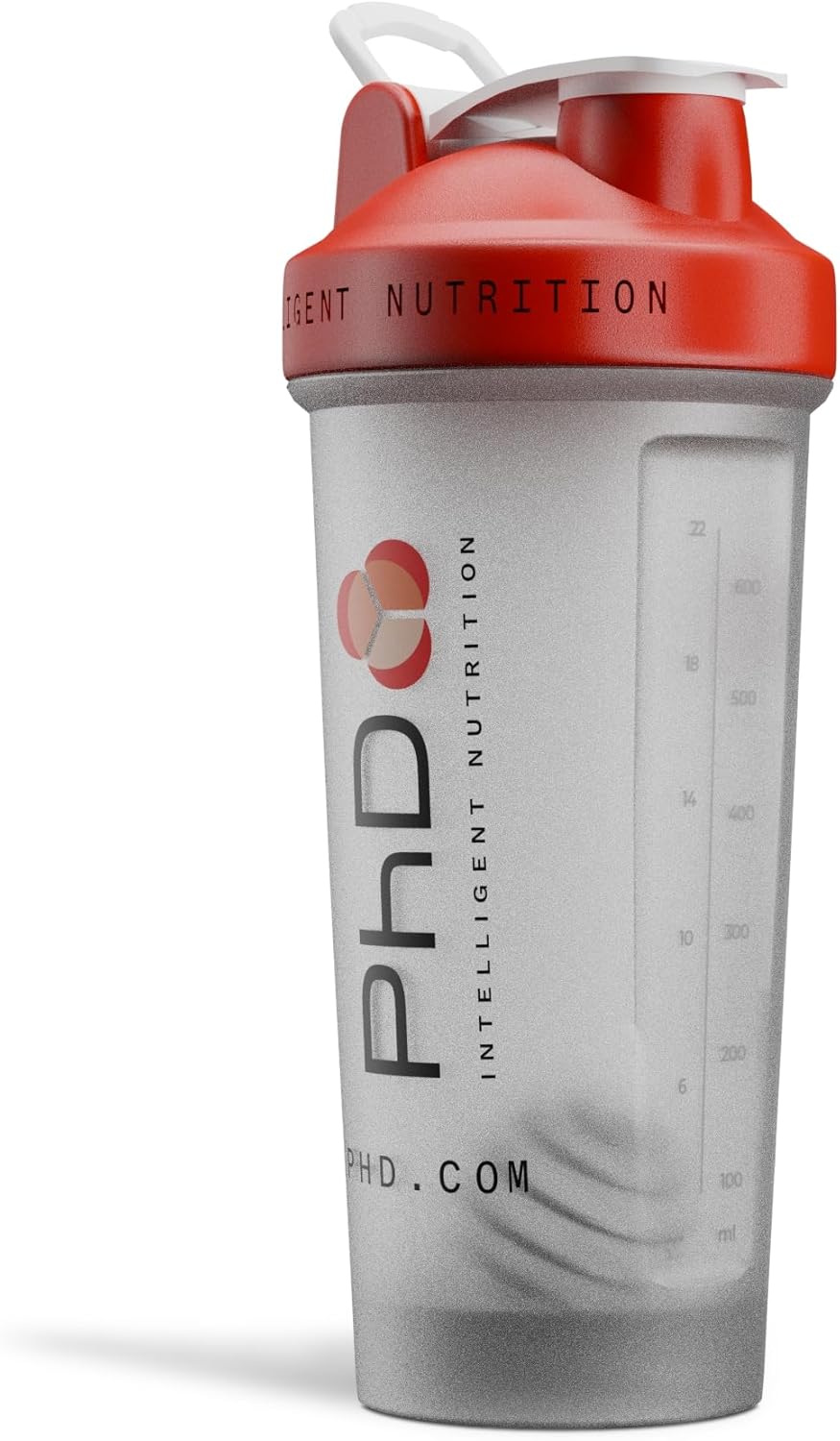 PhD Nutrition Mixball Shaker, Shaker for Protein Shakes, Wire Mixball Whisk, Red Non-Drip Screw Lid, Transparent Colour, 600 ml