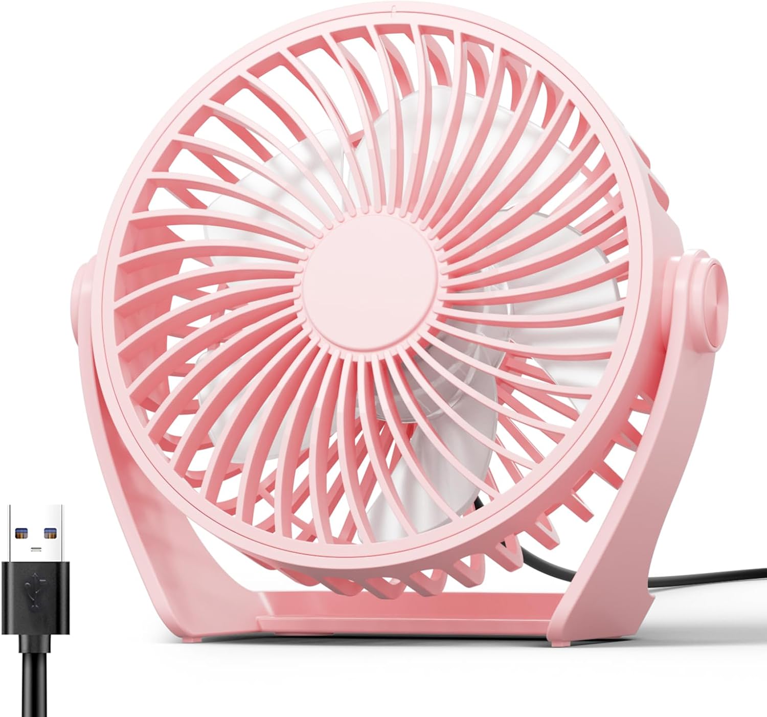 USB Desk Fan, 5 Inch Small Portable, 3 Speeds Powerful Wind Mini Personal Desktop Fan 360° Rotation Adjustable, Plug In USB Fan Quiet for Table Home Office Travel Car(Pink)
