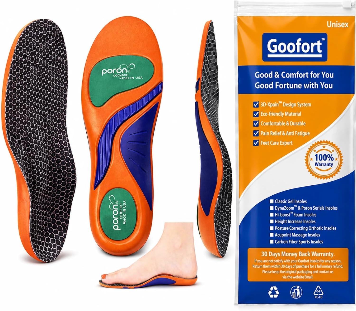 Goofort Plantar Fasciitis Arch Support Gel Insoles for Men & Women, 7-Times-Shock-Protection with 3D-Xpain™ -PORON®, Orthotic Work Boot Insoles for Flat Feet, Heel Pain Relief & All-Day Comfort