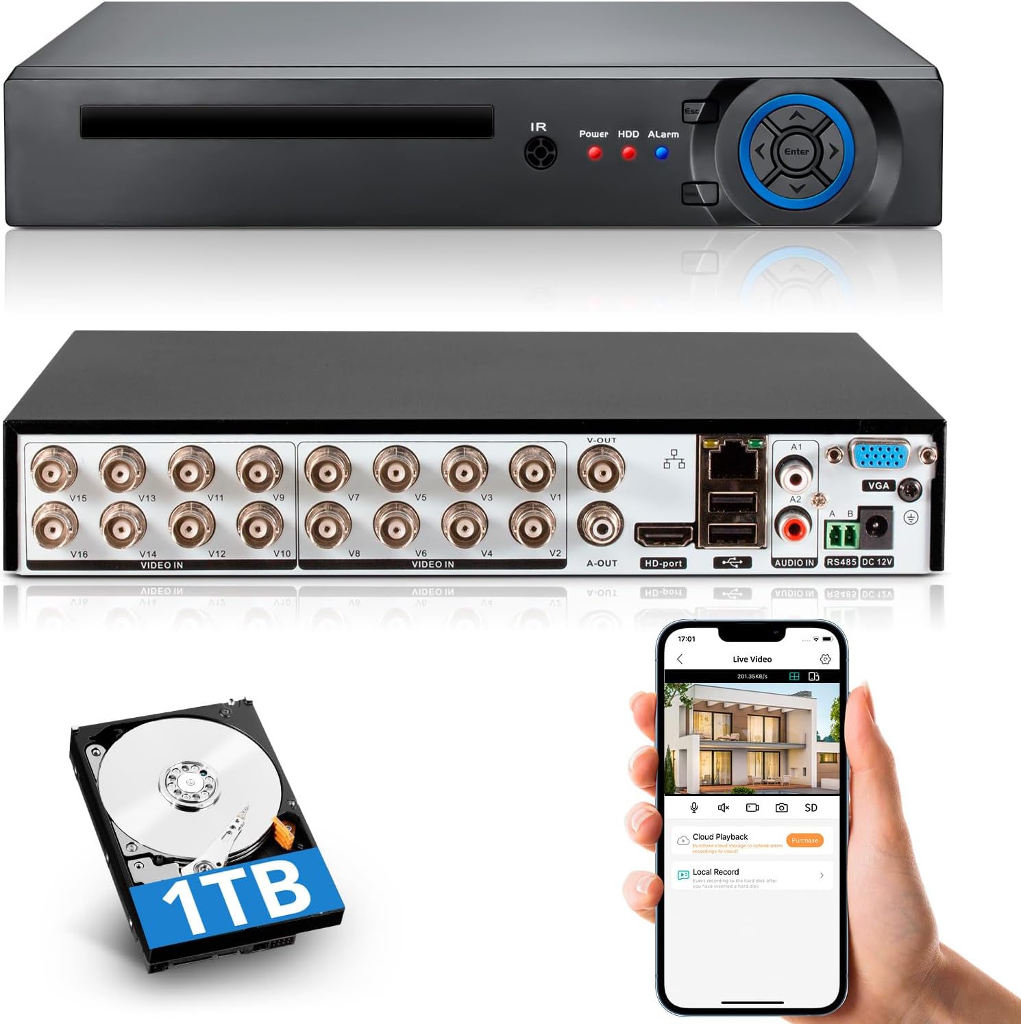 TOWODE 16 Channel CCTV Camera System Surveillance Video Recorder with 1TB Hard Drive,16CH DVR Supports 5MP/4MP/1080P AHD/TVI/CVI/IP Cameras, 24/7 Surveillance Recording,Human Detection,Remote Access