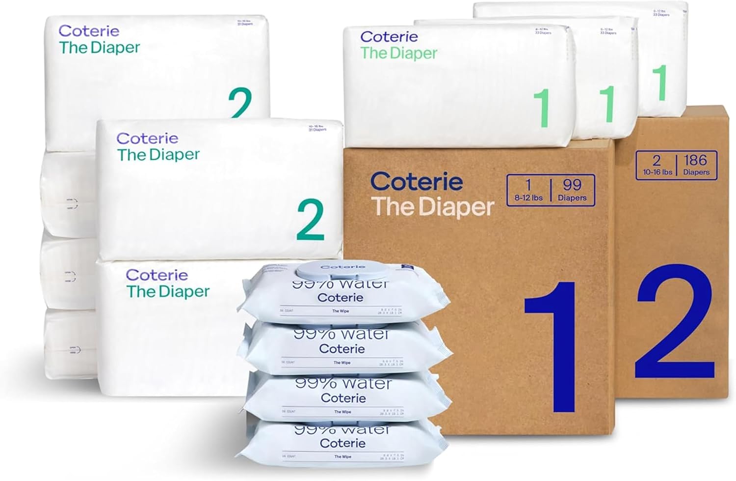 Coterie Baby Wipes + Diapers Kit, Size 1 & Size 2 Diapers, 4-Pack Wipes