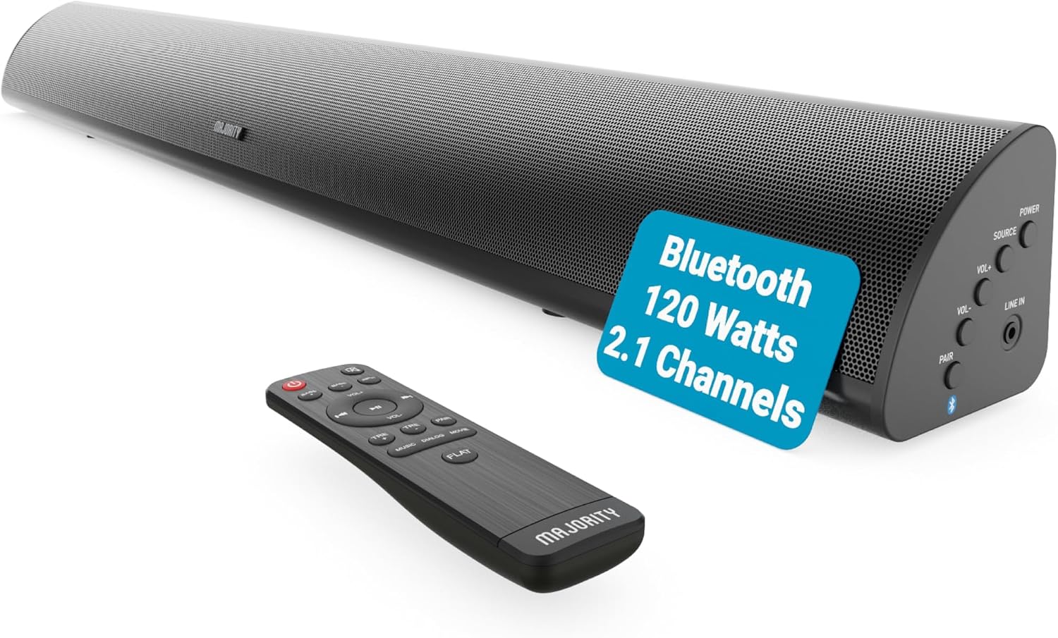 MAJORITY Bluetooth Sound Bar for TV | Built-in Subwoofer, 120 Watts 2.1 Channel Sound | RCA, Optical, and AUX Connection | Wall Mountable, Remote Control | Snowdon TV Soundbar