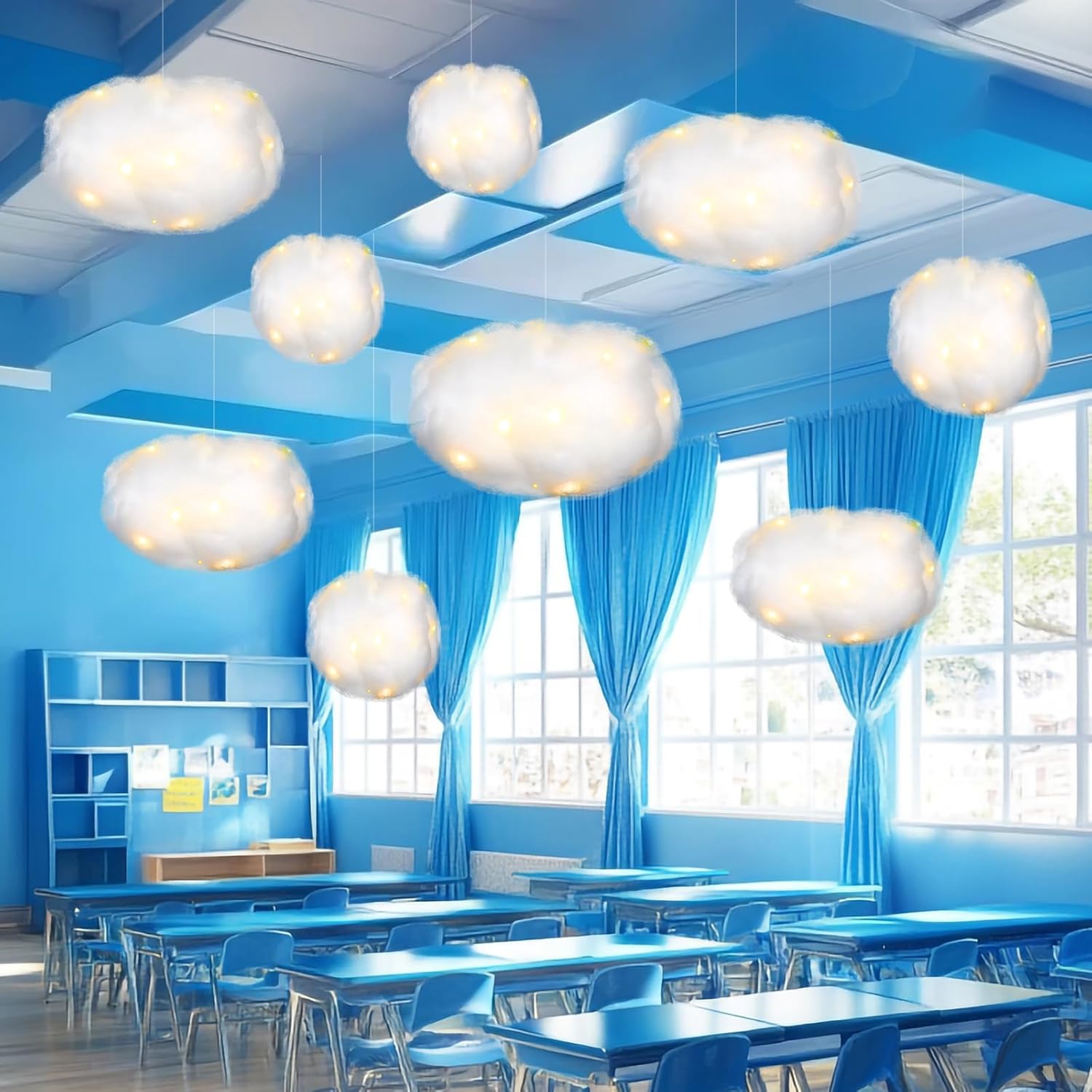 Tatuo 6 Pcs LED Artificial Hanging Clouds for Ceiling Fake Imitation 3D Cloud with 6 Pcs Light Strings Cotton Props Decorations DIY Hanging Ornament for Classroom Wedding Baby Shower Art Stage Room