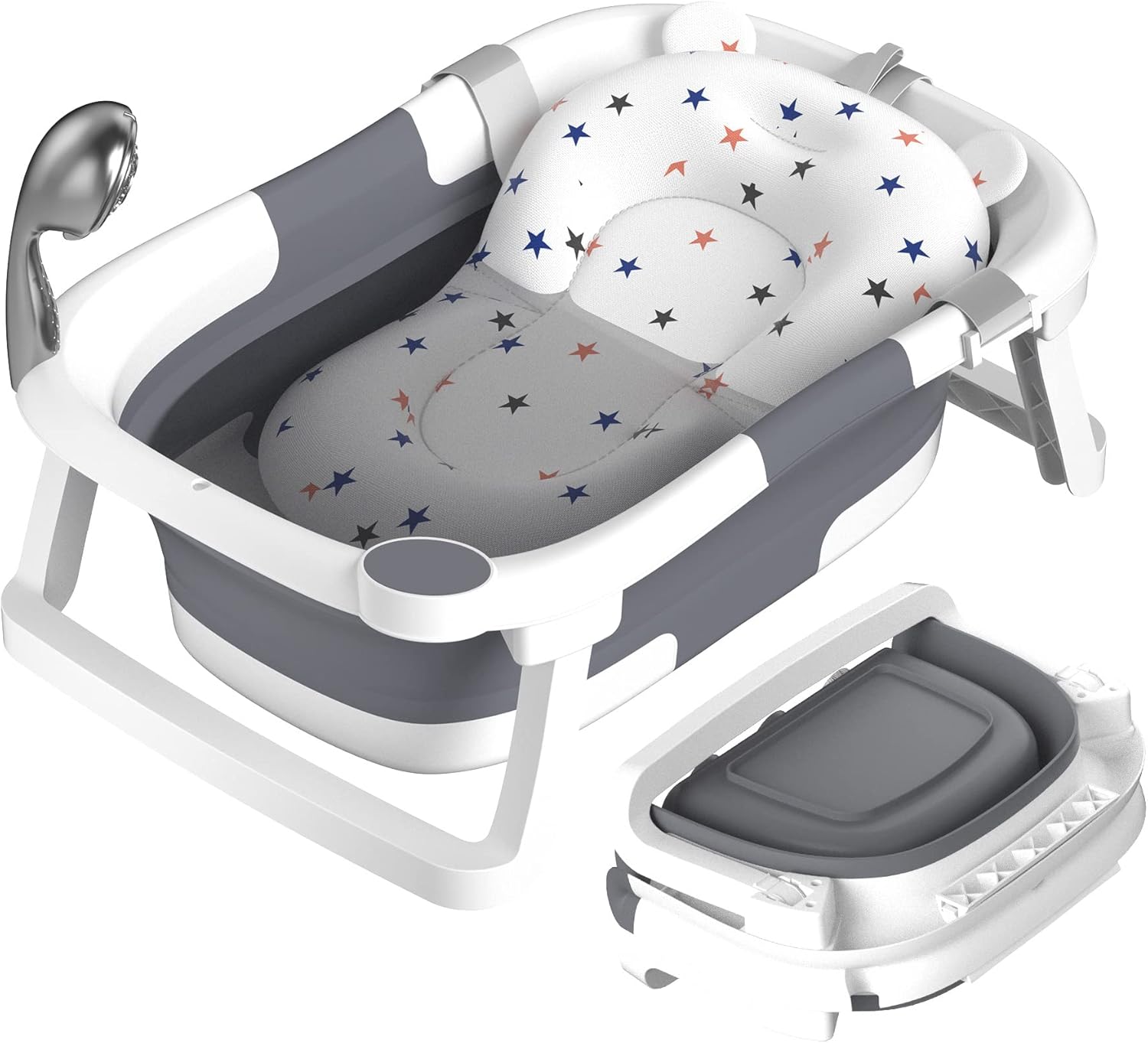 Rabb 1st Baby Bath Tub Foldable,Portable Bath Newborn to Toddler with Non-Slip Mat,Drain Hole,No Thermometer,Grey