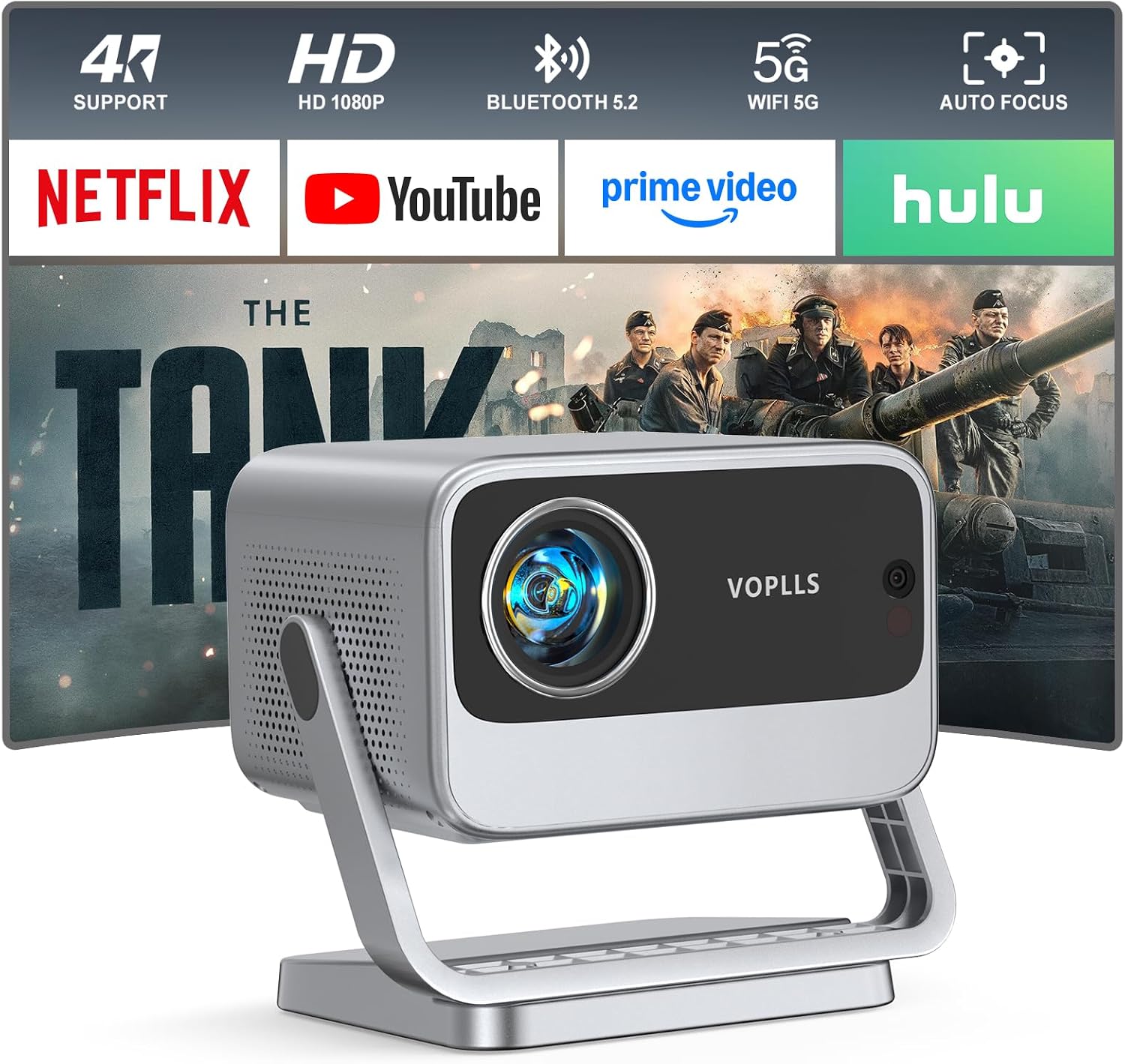 [Now with Netflix & 3000 ANSI] 4K Projector with WiFi and Bluetooth, Auto Focus Keystone & Dolby Audio, Smart Outdoor Projector with Adjustable Stand for Home Bedroom (grey）