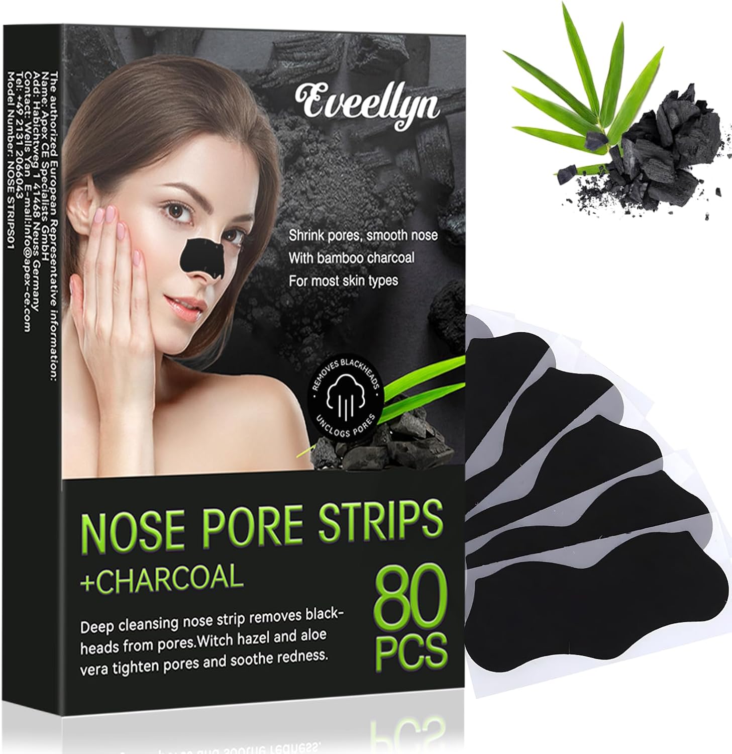 Eveellyn Blackhead Remover Strips, 80 Pcs pore strips, Pore Strips for Blackheads, Charcoal Deep Cleansing Blackhead Remover Strips for Women Men