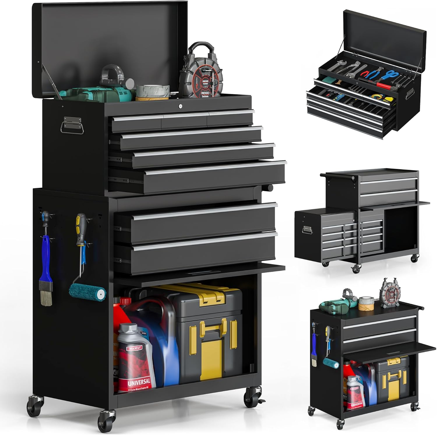 Tool Chest, 8-Drawer Rolling Tool Storage Cabinet with Enhanced Packaging, Detachable Top Tool Box, Metal Tool Cart with Hooks and Liners, for Garage, Workshop, Black