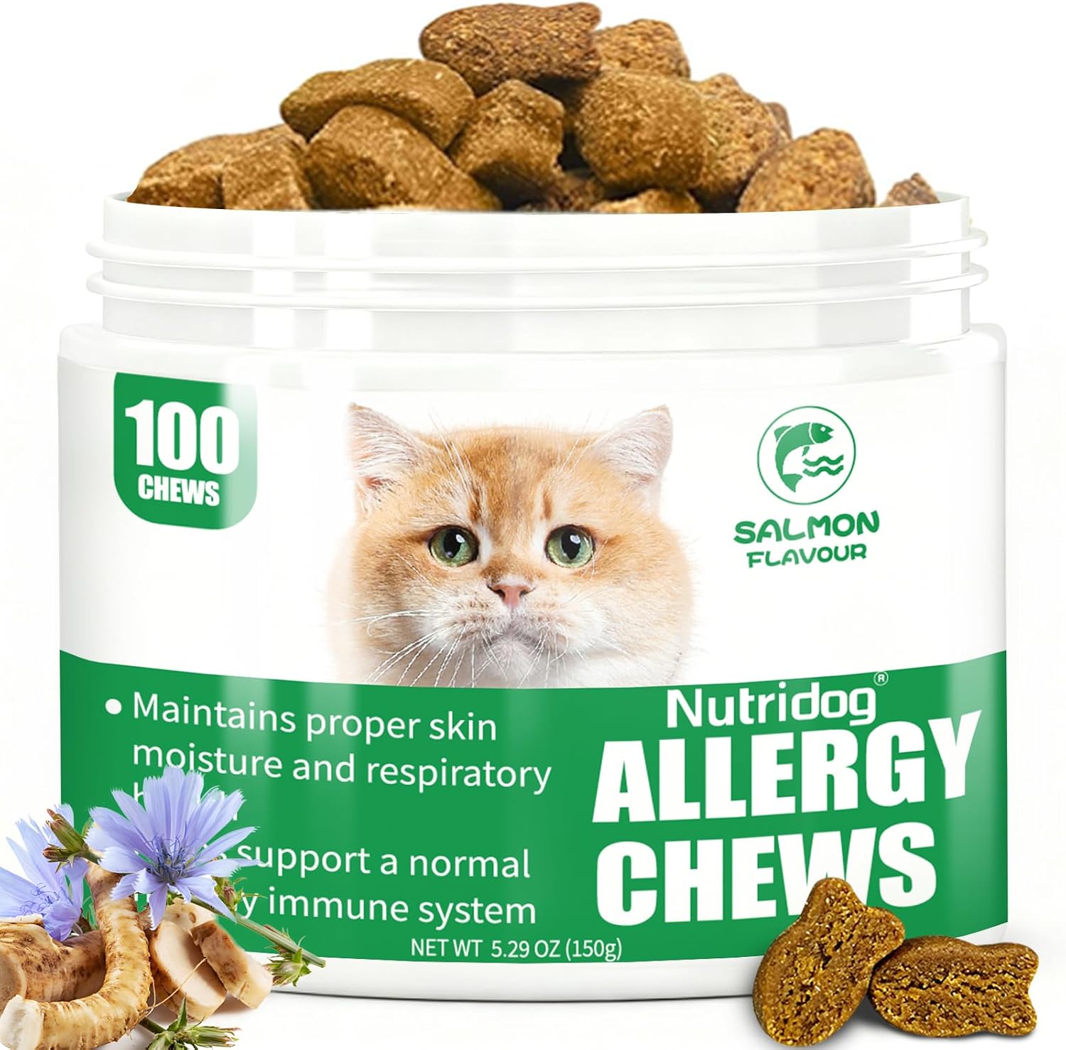 Cat Allergy Relief Chews for Seasonal Allergies - Itchy Skin, Sneezing & Paw Licking Remedy with Colostrum, Probiotics 300M CFU & Omega 3, Salmon Flavor Soft Chews, 100 Count