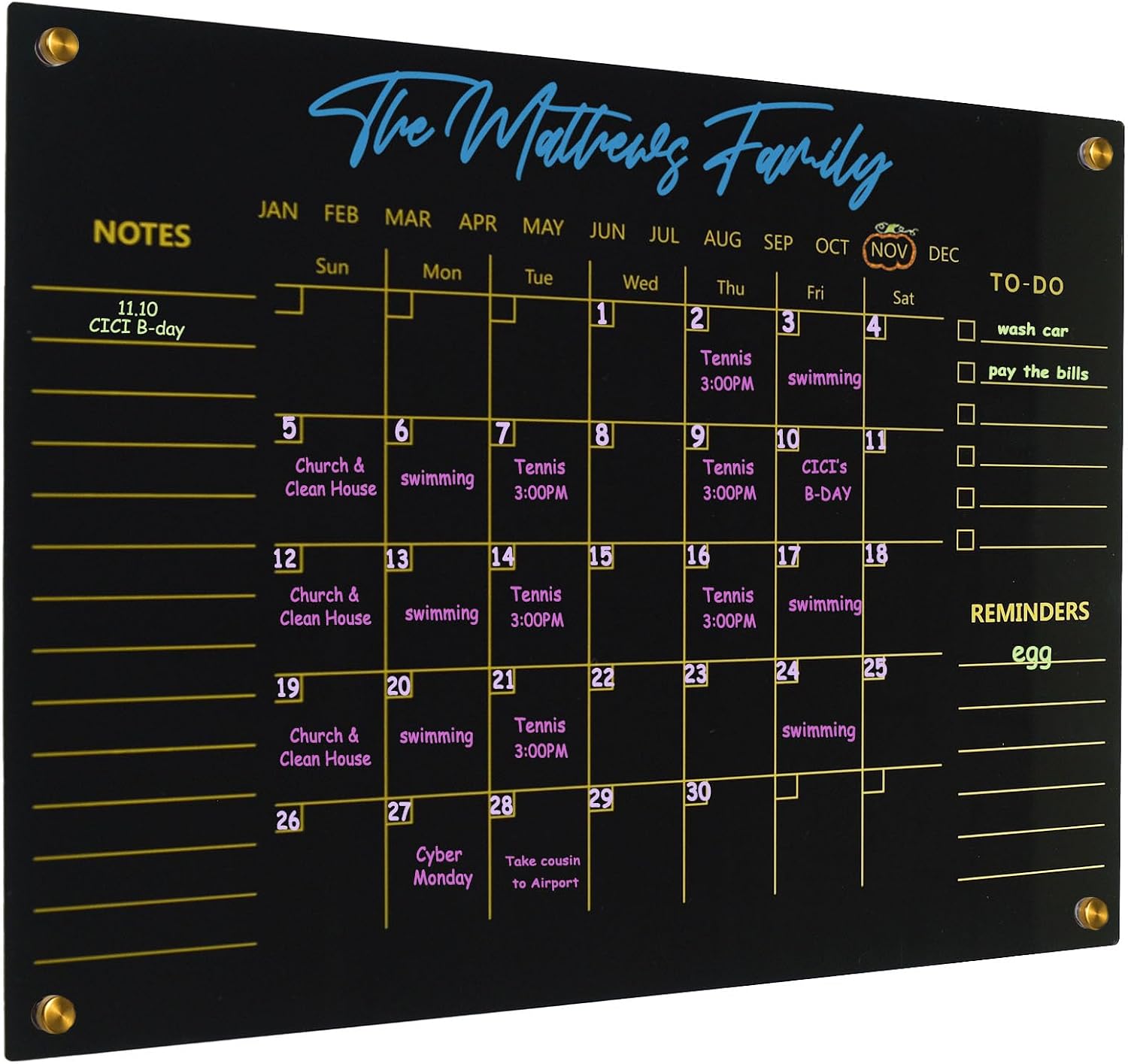 Black Acrylic Calendar Dry Erase for Wall, Family Planner, Monthly Calendar Dry Erase Whiteboard for Home, Office, 17" x 13"Reusable White Board(Acrylic-BK-3343)