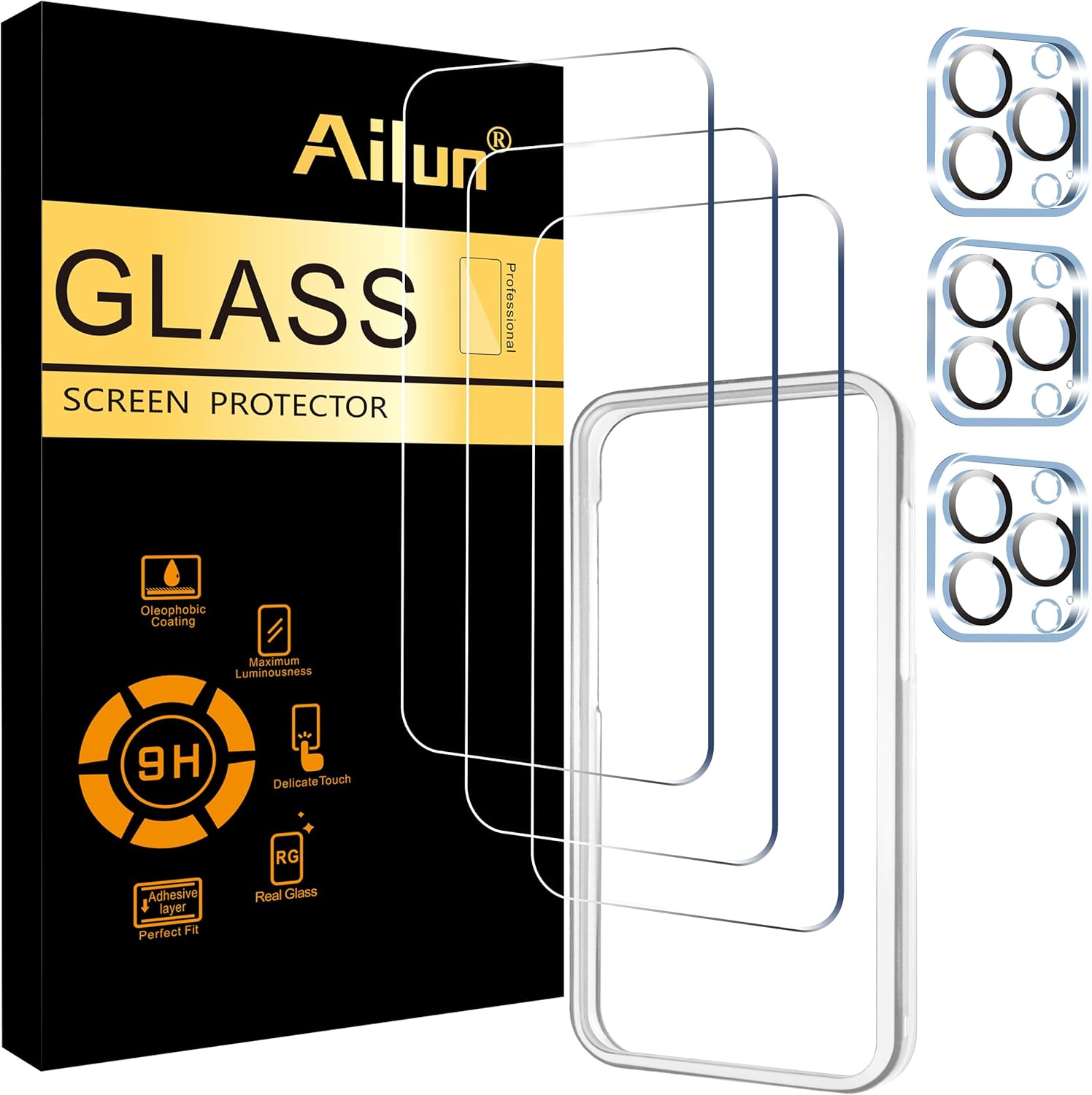 Ailun 3 Pack Screen Protector for iPhone 15 Pro Max [6.7 inch] + 3 Pack Camera Lens Protector with Installation Frame,Sensor Protection,Dynamic Island Compatible,Case Friendly Tempered Glass Film