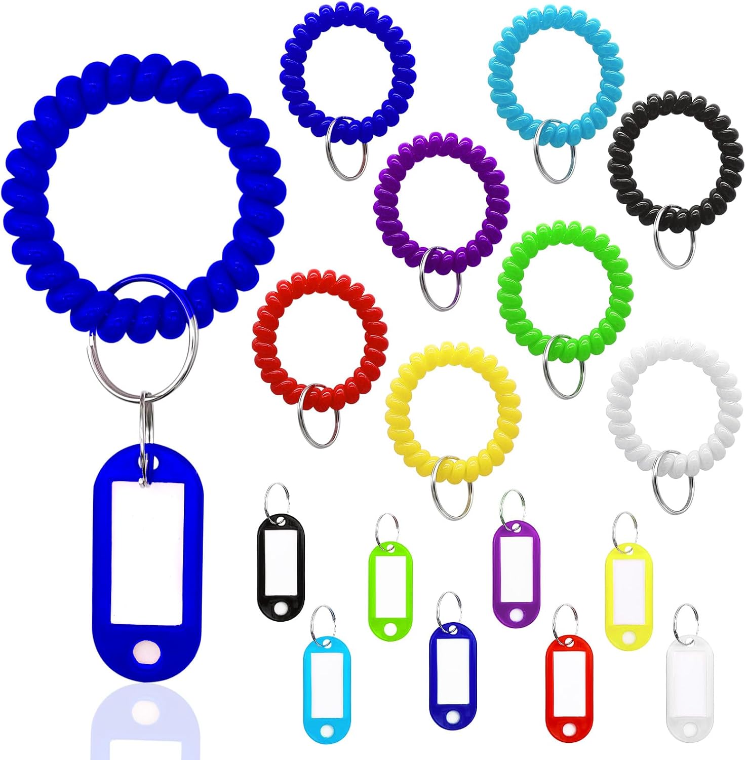 FindFunFine Key Ring Bracelet with Label 48 Counts Tough Plastic Key Tags with Split Ring Label Window Assorted Colors Coil Wristbands Key Tags for School Office Gym