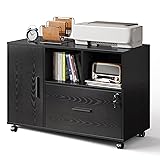 DEVAISE Office File Cabinet with Lock, 1-Drawer Wood Lateral Filing Cabinet on Wheels, Printer Stand with Open Storage Shelves for Home Office, Black
