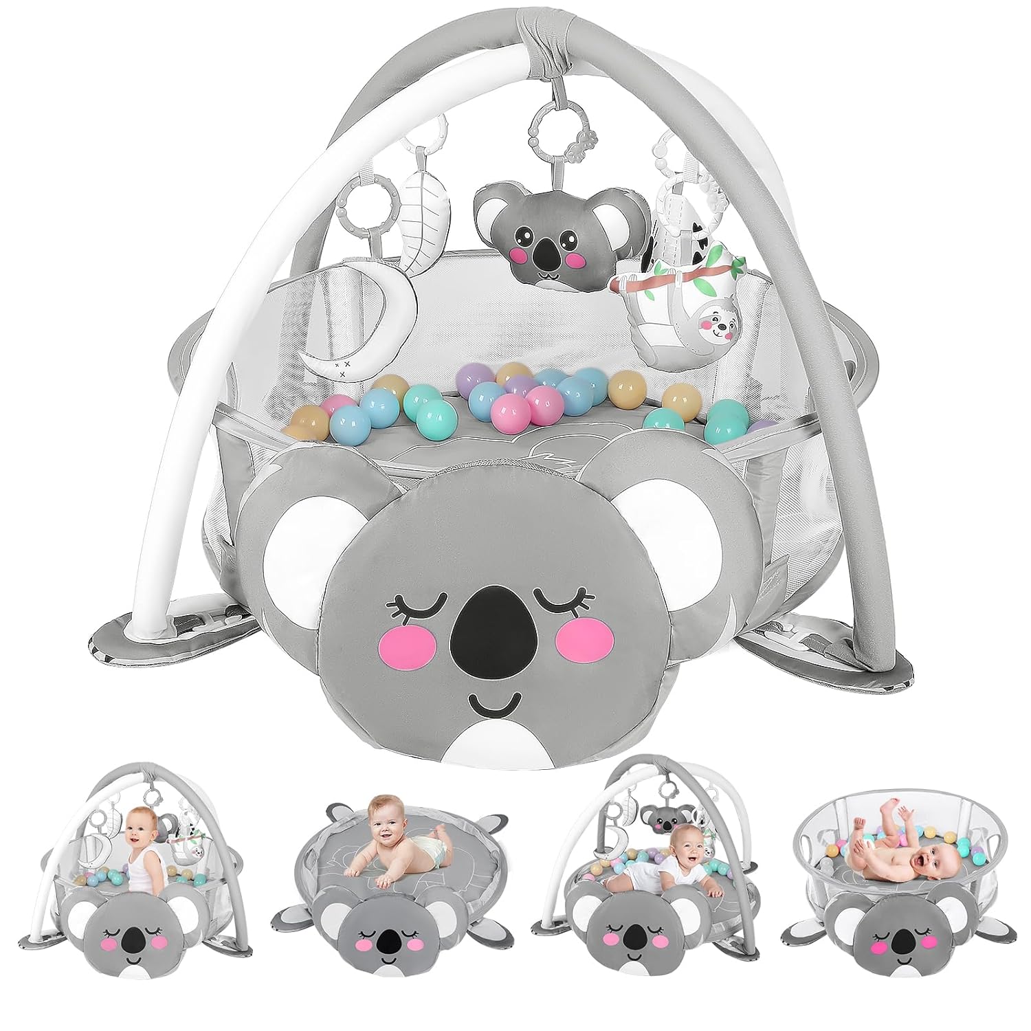dearlomum 4-in-1 Baby Play Mat Baby Gym,Tummy Time Mat for Floor Activity Gym Ball Pit Including 30 Balls with 5 Infant Learning Sensory Baby Toys for Newborn Toddler Boy & Girl Gifts(Koala)
