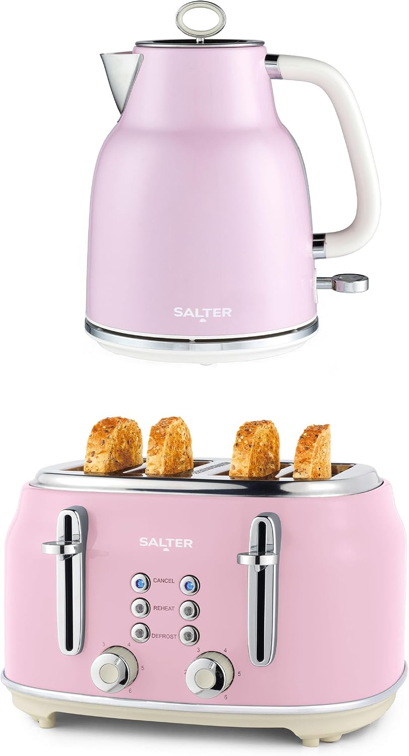 Salter Retro Pink Kettle & Toaster Set – 1.7L Fast Boil Kettle with Removable Limescale Filter, 4-Slice Wide Slot Toaster for Thick Bread/Bagels, Blue Indicator Lights, Vintage Design, 3kW/1630W