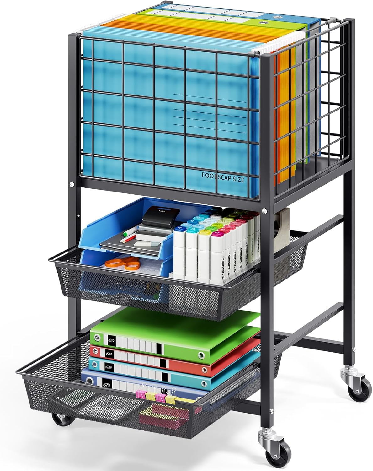 TOOLF 3-Tier Rolling File Cart, Metal Storage Drawer Cart with 2 Sliding File Trays, Adjustable Rod for Hanging Various File Sizes, File Organizer Cabinet on Wheels, for Office, Home, Classroom, Black