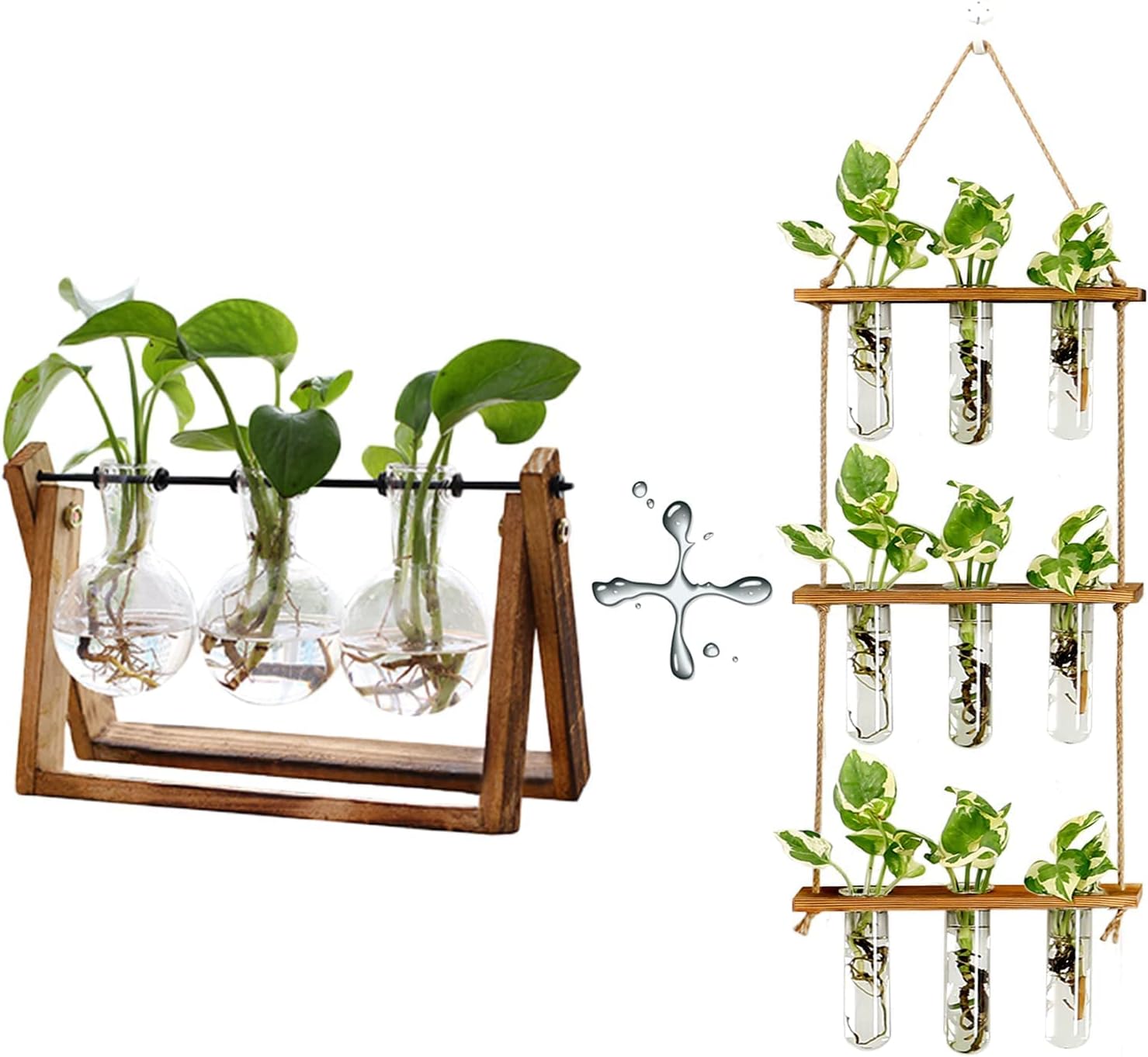 XXXFLOWER Plant Terrarium Propagation Station with Wooden Stand, Air Planter Glass Vase Home Indoor Office Decoration - 3 Bulb Vase + Test Tubes 3 Tiered