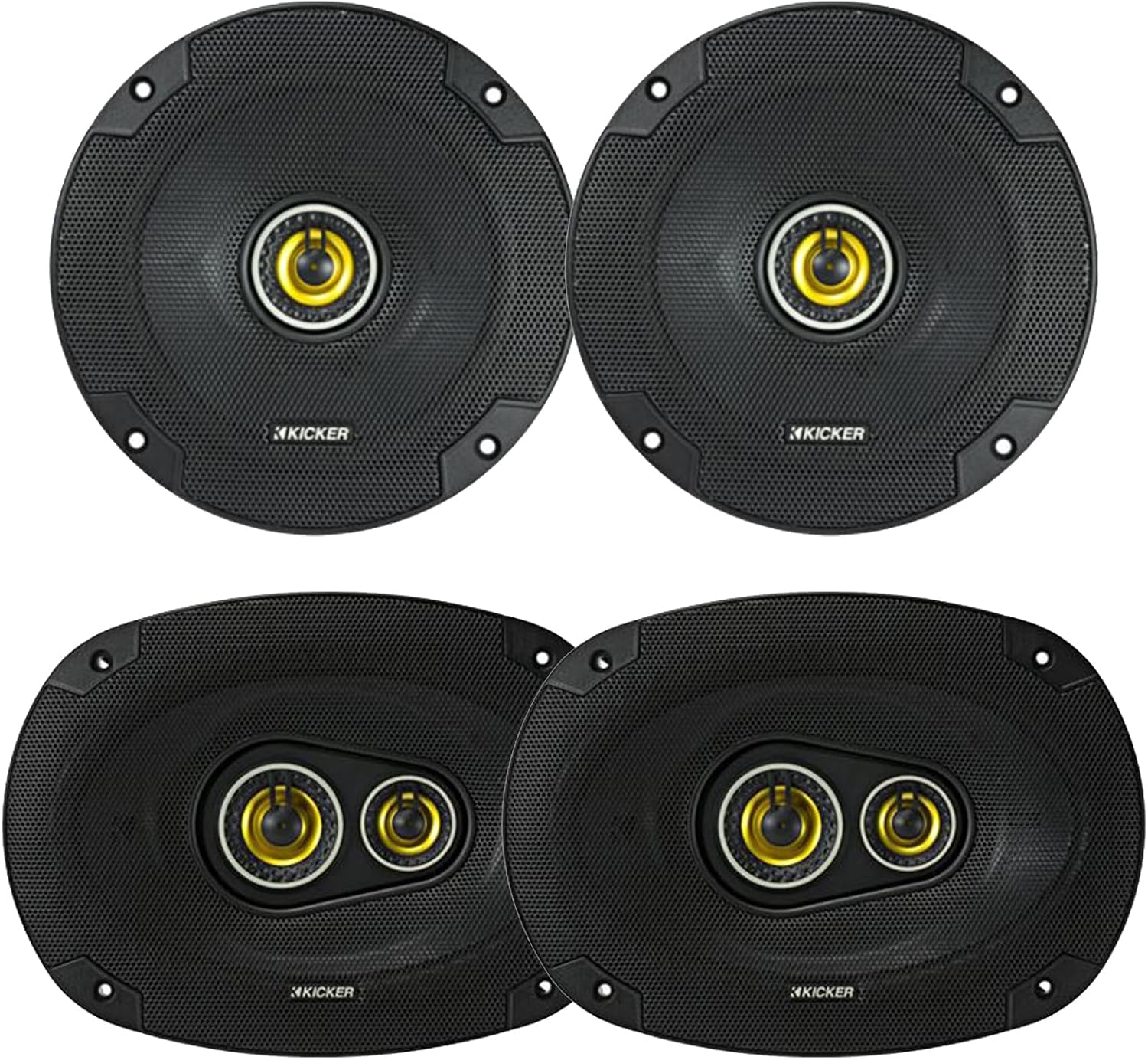 KICKER 6.5" 300 Watt Max Power 4 Ohm 2-Way Car Audio Coaxial Speakers (Pair) and 6x9 450 Watt Peak Power 3-Way Vehicle Audio Speakers (Pair)