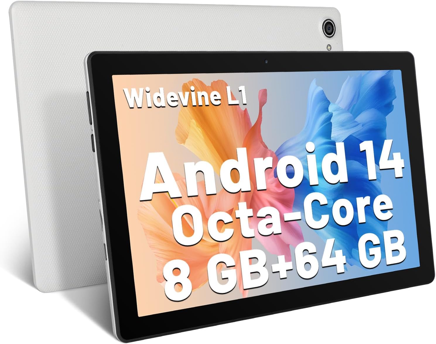 Hakaug Tablet 10 Inch Android 14 Octa-Core 8 GB RAM 64 GB ROM 1 TB TF Extension 1280x800 IPS Touchscreen GMS-Certified Tablet PC WiFi Bluetooth Widevine L1 Dual Camera Speakers 5000 mAh (White)