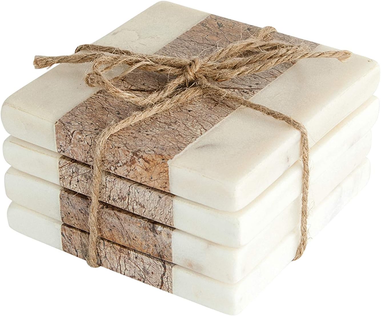 Creative Co-Op Square Marble Coasters with Jute String, Brown (Set of 4 Pieces)