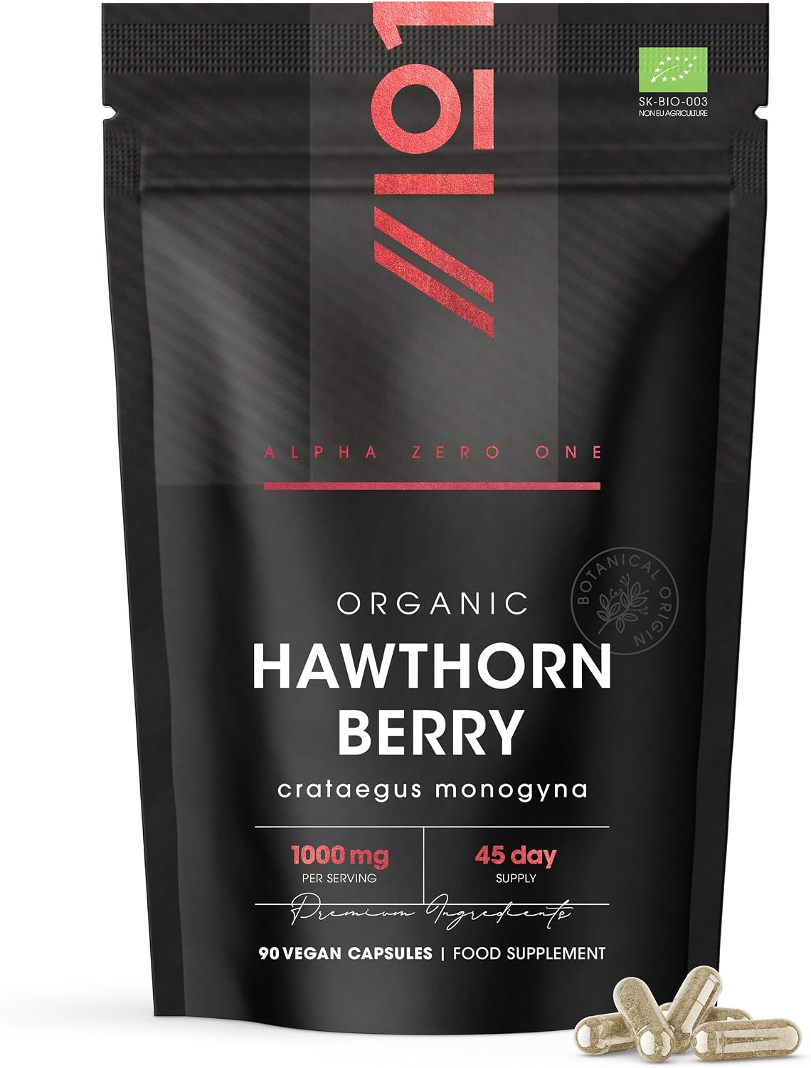 Organic Hawthorn Berry 1000mg – High Strength Hawthorn Supplement – 90 Vegan Capsules – Resealable and Recyclable Pouch by Alpha01