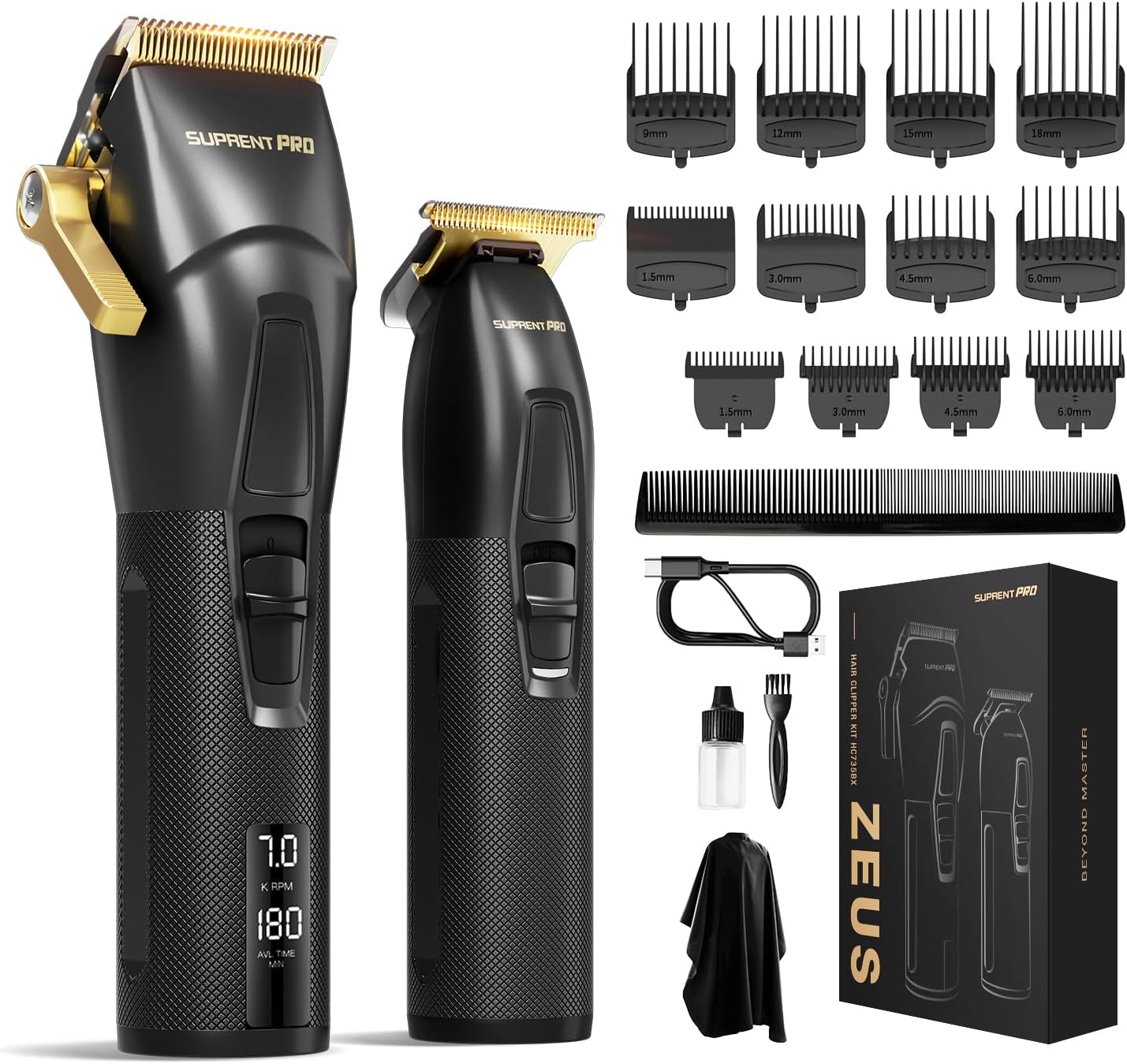 SUPRENT Professional Hair Clippers for Men Rechargeable Cordless Hair Clipper Kit-Barber Hair Cutting Kit-T-Blade Hair Trimmer Combo with 5V-Boost Technology-Cordless Clippers LED Display USB-C