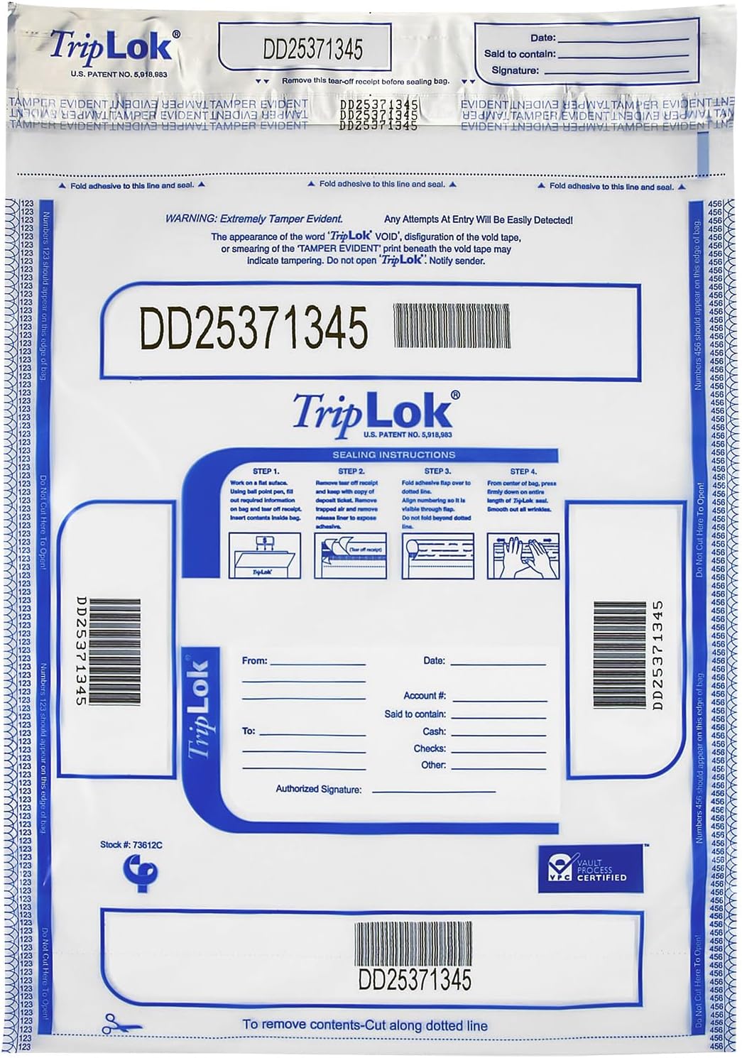 ControlTek TripLok 15" x 20", Clear, 50 Bags Tamper-Evident Deposit Bags for Cash Handling & Valuables, Moisture, Heat and Cold Sensitive Ink, Tear-Off Receipt + Large Barcodes 585048