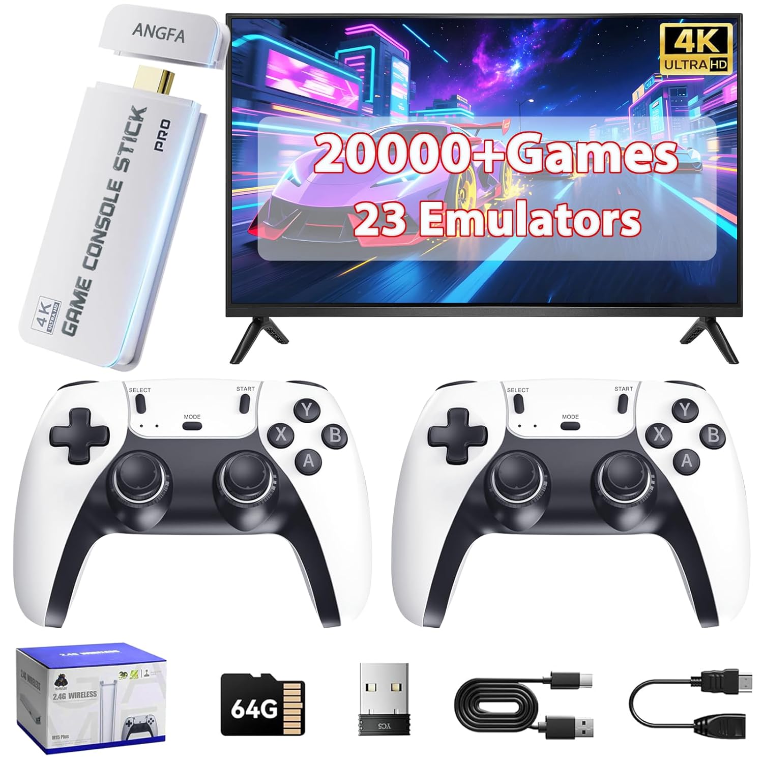 Wireless Retro Game Console Built-in 20000+ Games and 23 Emulators, 2025 New Plug & Play Retro Gaming Console with 4K Output & Dual 2.4G Controllers, Nostalgic Game Stick (64GB)