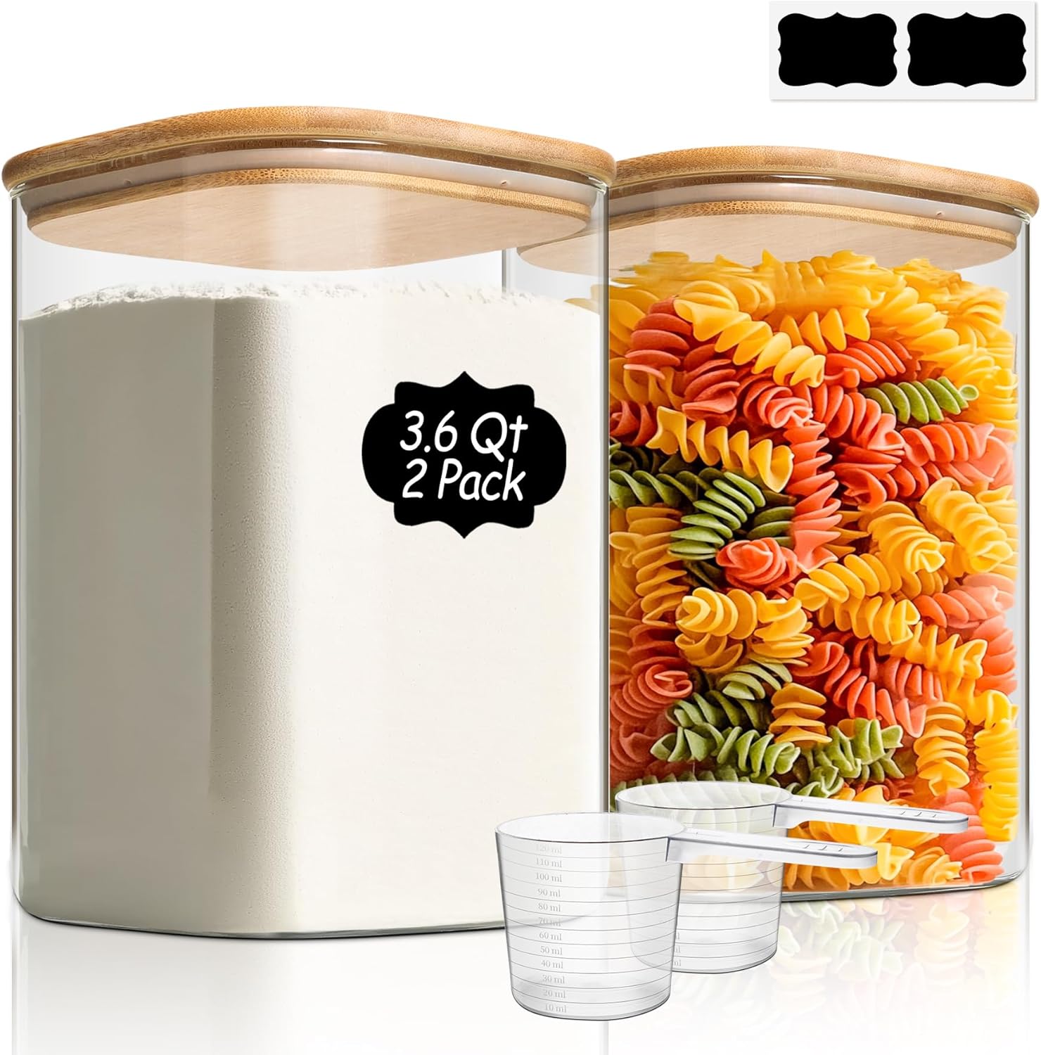 ComSaf 3.4L Glass Food Storage Containers Set of 2, Large Storage Containers with Lids, Square Glass Jars with Lids, for Flour and Sugar, Cereal, Rice, Pasta, Oats, Coffee Beans