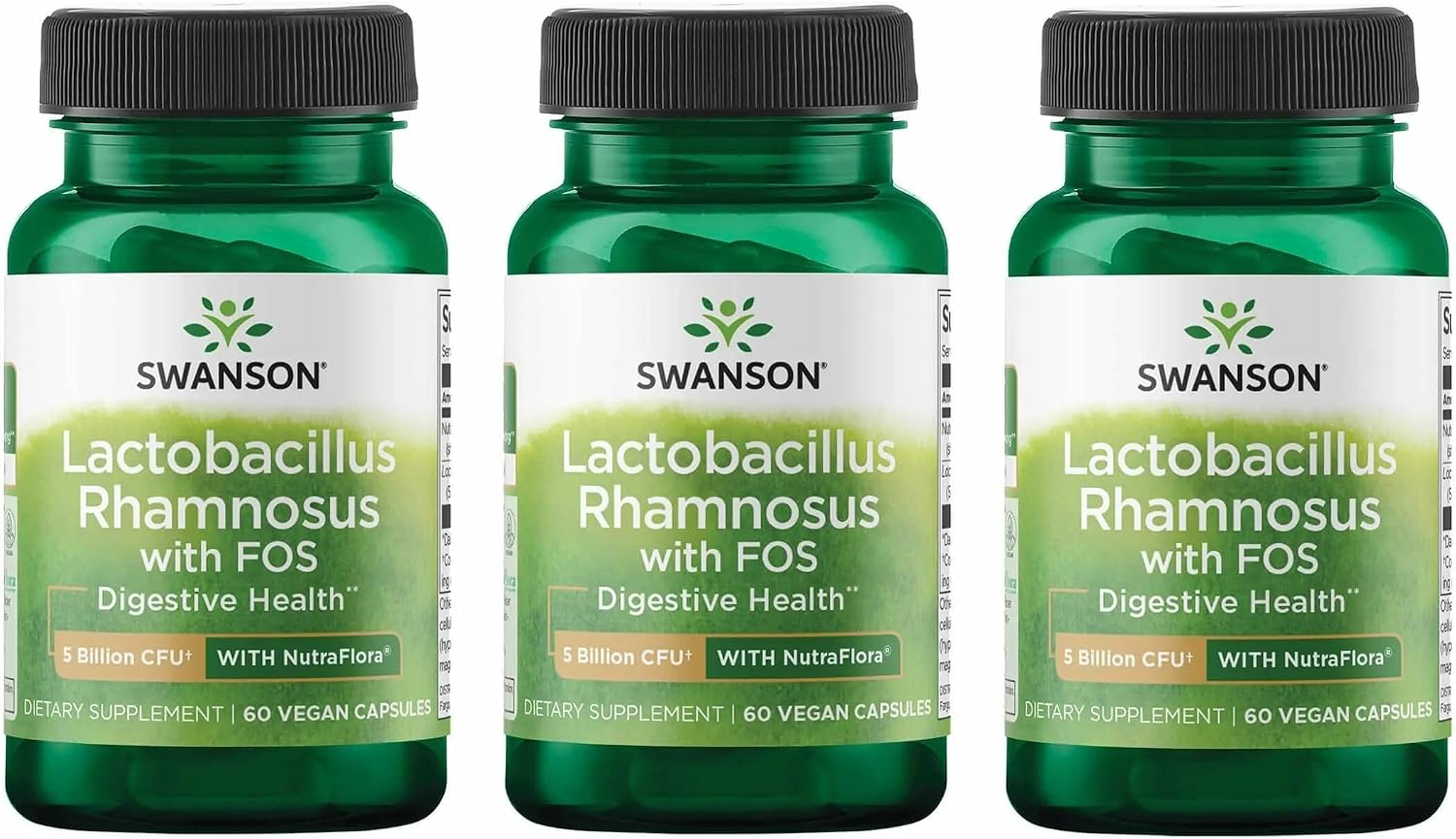 Swanson Lactobacillus Rhamnosus with FOS - Probiotic Supplement Supports Digestive Health - 5 Billion CFU - Promotes GI Tract Health During Travel - (60 Veggie Caps) 3 Pack