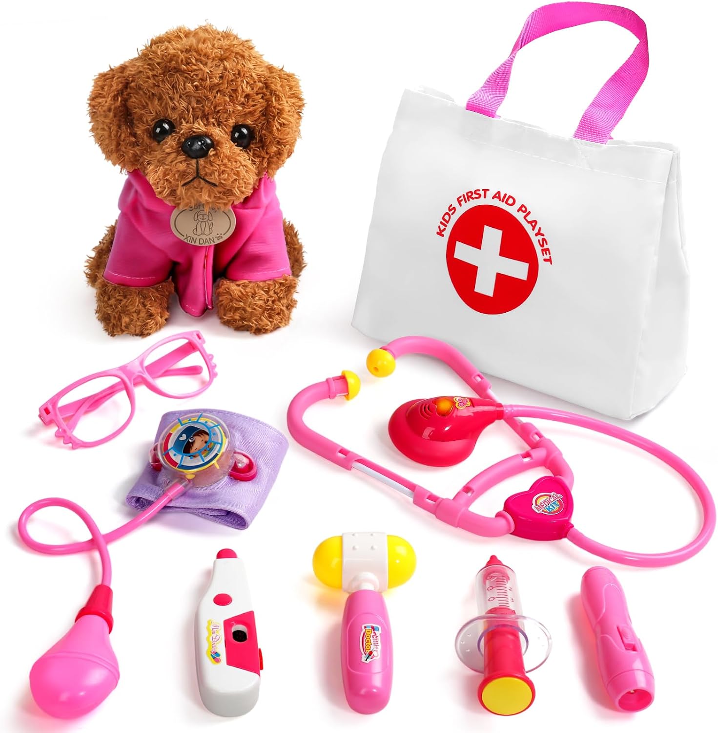 Fajiabao Doctor Kit for Toddlers 3-5, Kids Doctors Play Set with Plush Dog, Toy Stethoscope & Carrying Bag - Dress Up Girl Toddler Toys for 2 3 4 Year Old Veterinarian Pretend Play Gifts (Pink)