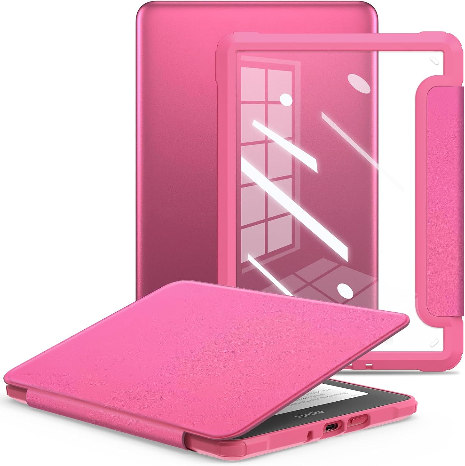 E NET-CASE Case for Kindle Paperwhite 12th Gen 2024 Released (7") & Kindle Colorsoft Signature Edition,Clear Back Shell Durable PU Leather Cover with Auto Sleep Wake,Raspberry