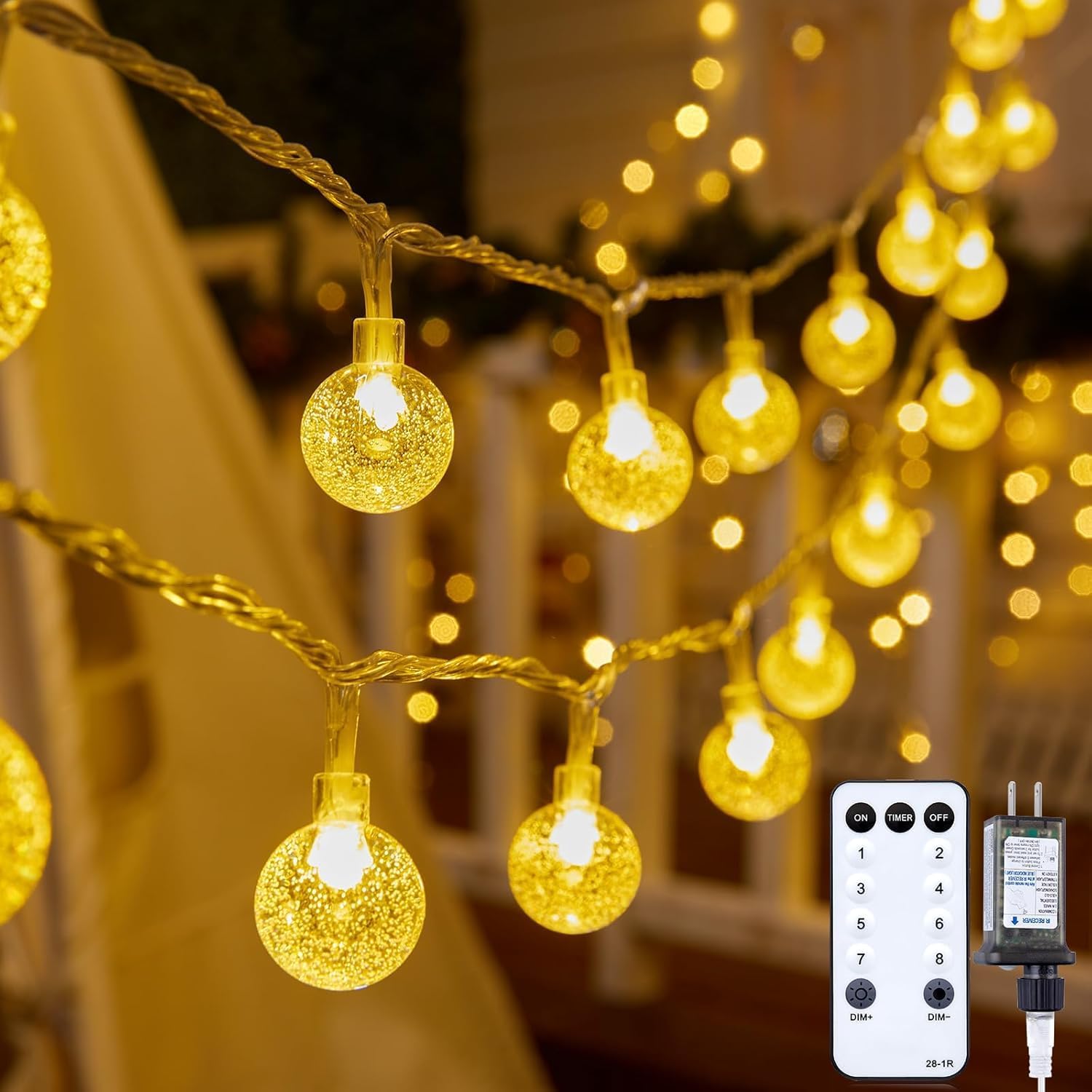 Minetom Globe String Lights - Plug in 33 ft 100 LED Crystal Globe Fairy Lights with 8 Lighting Modes and Remote for Patio Yard Porch Garden Pool Tent Beach Bedroom Wedding Party Decor, Warm White