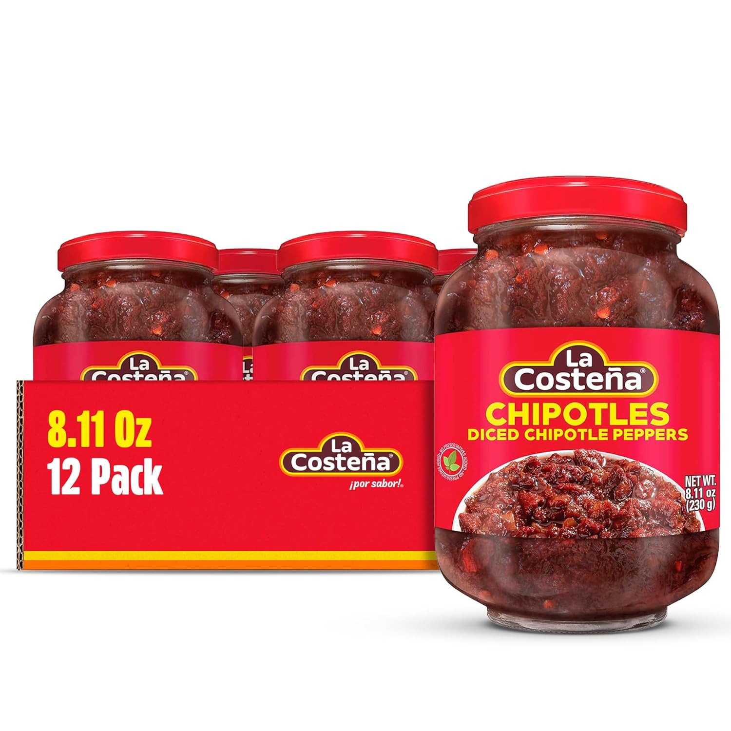 La Costeña Chipotle Peppers - Spicy Smoked Diced Peppers for Chipotle Sauce, Adobo Sauce, Mexican Food, Taco, Enchiladas & Salsa - Pickled Vegetables - Diced Chilis - 8.11oz, 12 Pack Jarred Vegetables