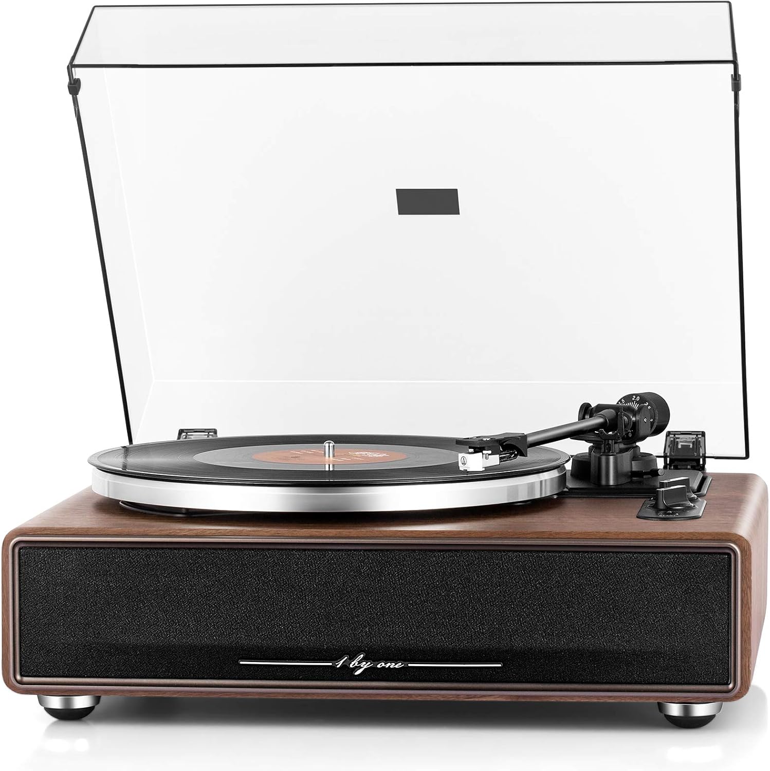 1 BY ONE High Fidelity Belt Drive Bluetooth Turntable with Built-in Speakers, Vinyl Record Player with Magnetic Cartridge, Wireless Playback and Aux-in Functionality, Auto Off